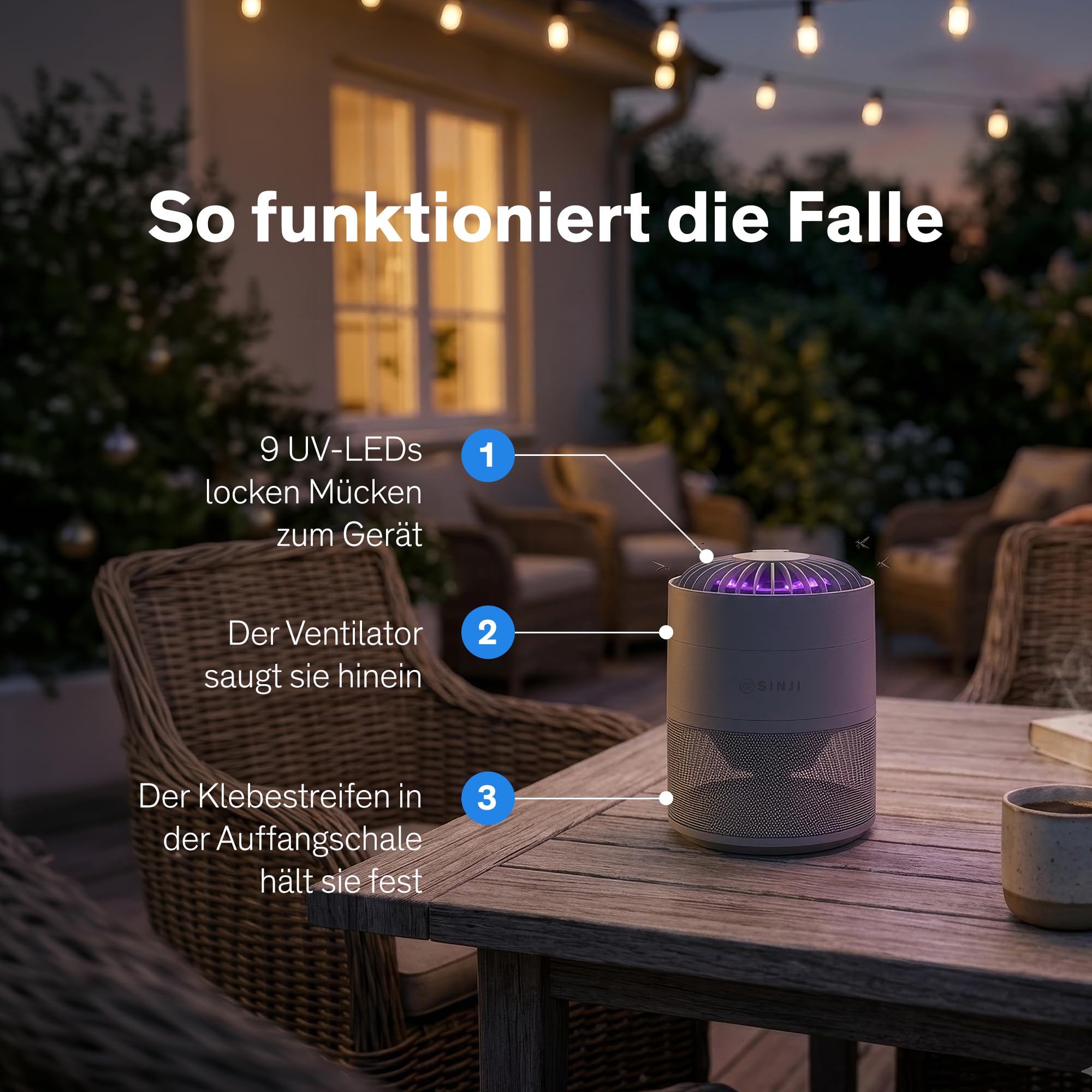 Sinji Mückenfalle Akku mit Ventilator 2in1, USB-C Insektenfalle Elektrisch