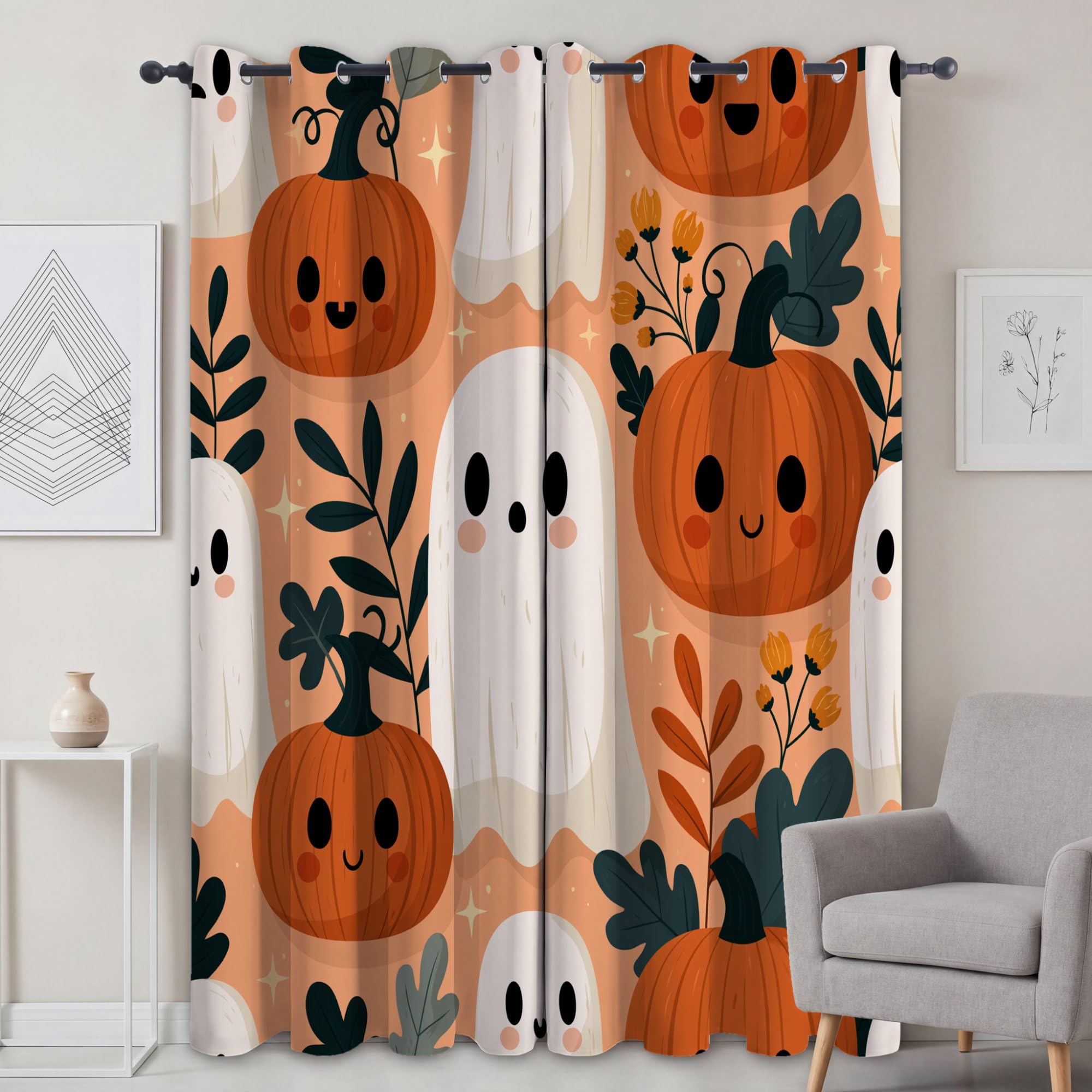 Cortinas opacas estampadas, dibujos animados de Halloween, 66 pulgadas de