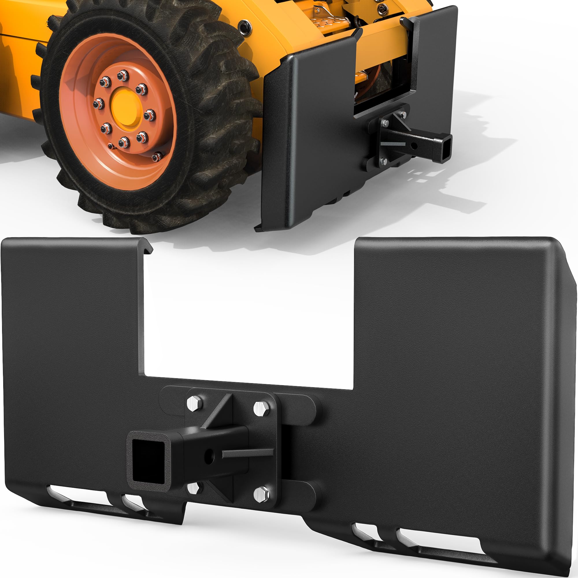 AUTOSAVER88 3/8" Skid Steer Mount Plate with 2" Removable Trailer Hitch Receiver, Thick Skid Steer Plate Attachment, Universal Skid Loader Tractor