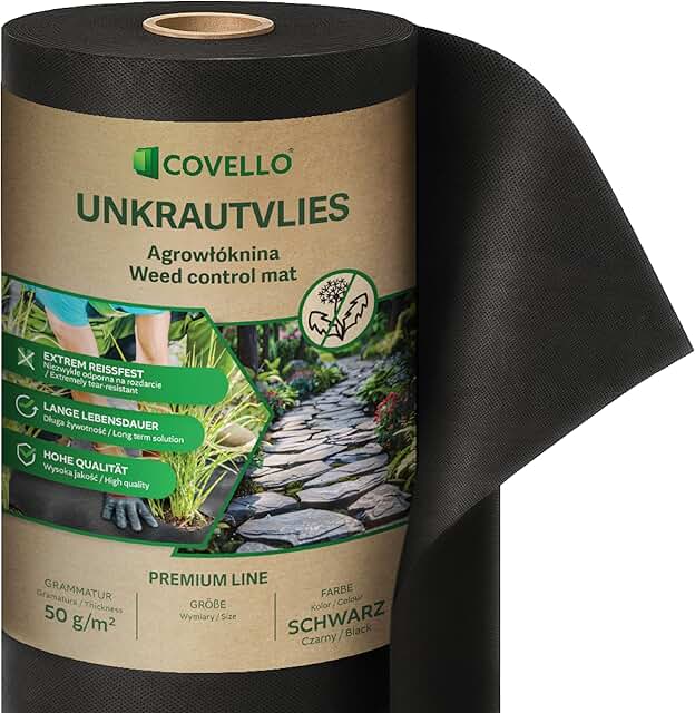 Covello Unkrautvlies 50m² Premium Line - Unkrautfolie wasserdurchlässig - Unkrautvlies für Garten - Gartenvlies gegen Unkraut hohe UV-Stabilisierung (50m x 1m) - reißfestes Unkrautvlies 50g/m² product image