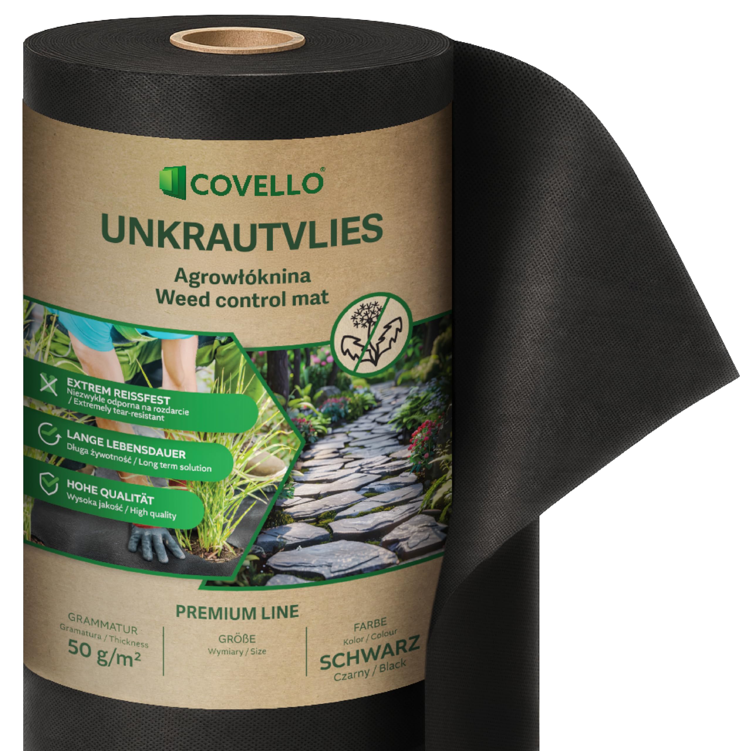 Covello Unkrautvlies 40m² Premium Line - Unkrautfolie wasserdurchlässig - Unkrautvlies für Garten - Gartenvlies gegen Unkraut hohe UV-Stabilisierung (40m x 1m) - reißfestes Unkrautvlies 50g/m²