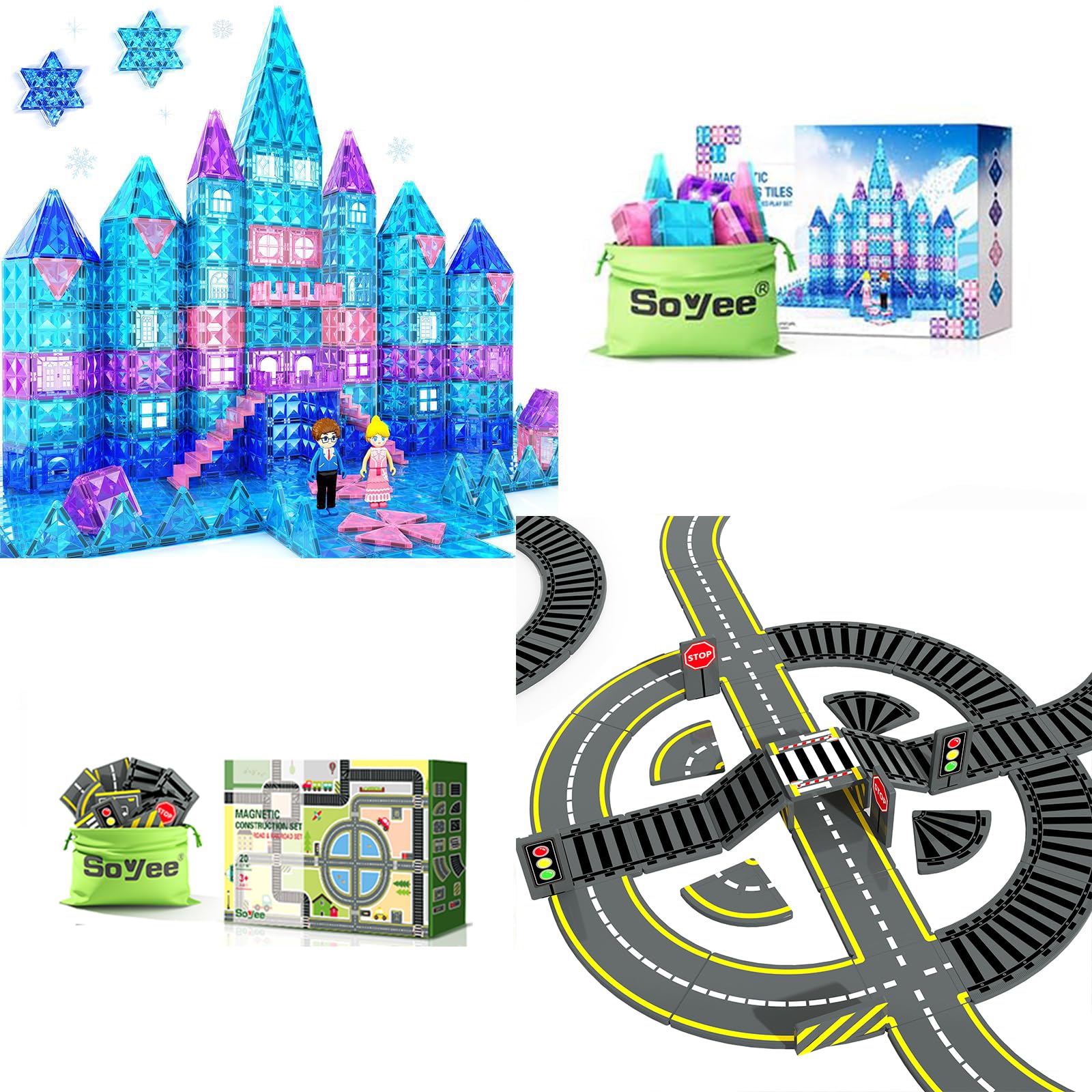 Frozen Toys for Girls Magnetic Tiles with 2 Stairs 2 Dolls Princess Castle Building Toys Girls Toys Magnetic Tiles Road & Train Track Expansion Pack Magnetic Building Blocks Construction Toys Kids