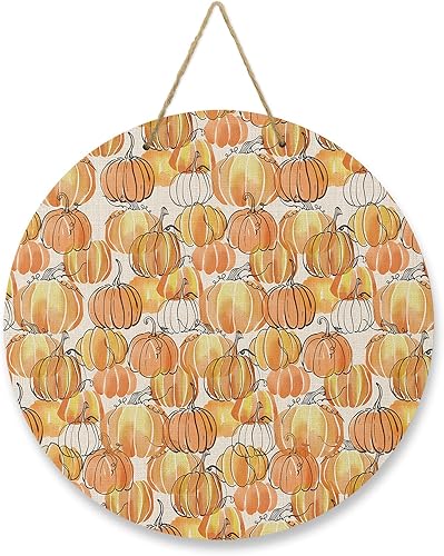 Front Door Decoration Welcome Sign, Fall Orange Pumpkin Thanksgiving 10 Inch Round Wood Hanging Sign, Seasonal Wall Wreaths Porch Plaque for Outdoor
