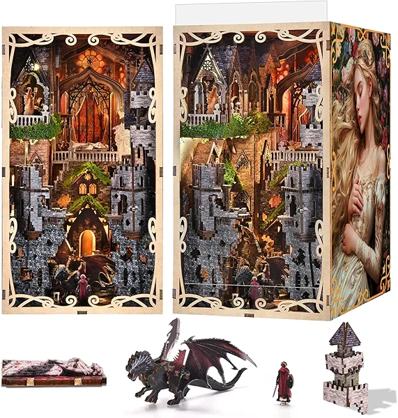 MiniCity Book Nook Kit for Adults, DIY 3D Wooden Puzzle Booknook Bookshelf Insert Decor with LED Light and Dust Cover (Sleeping Beauty)