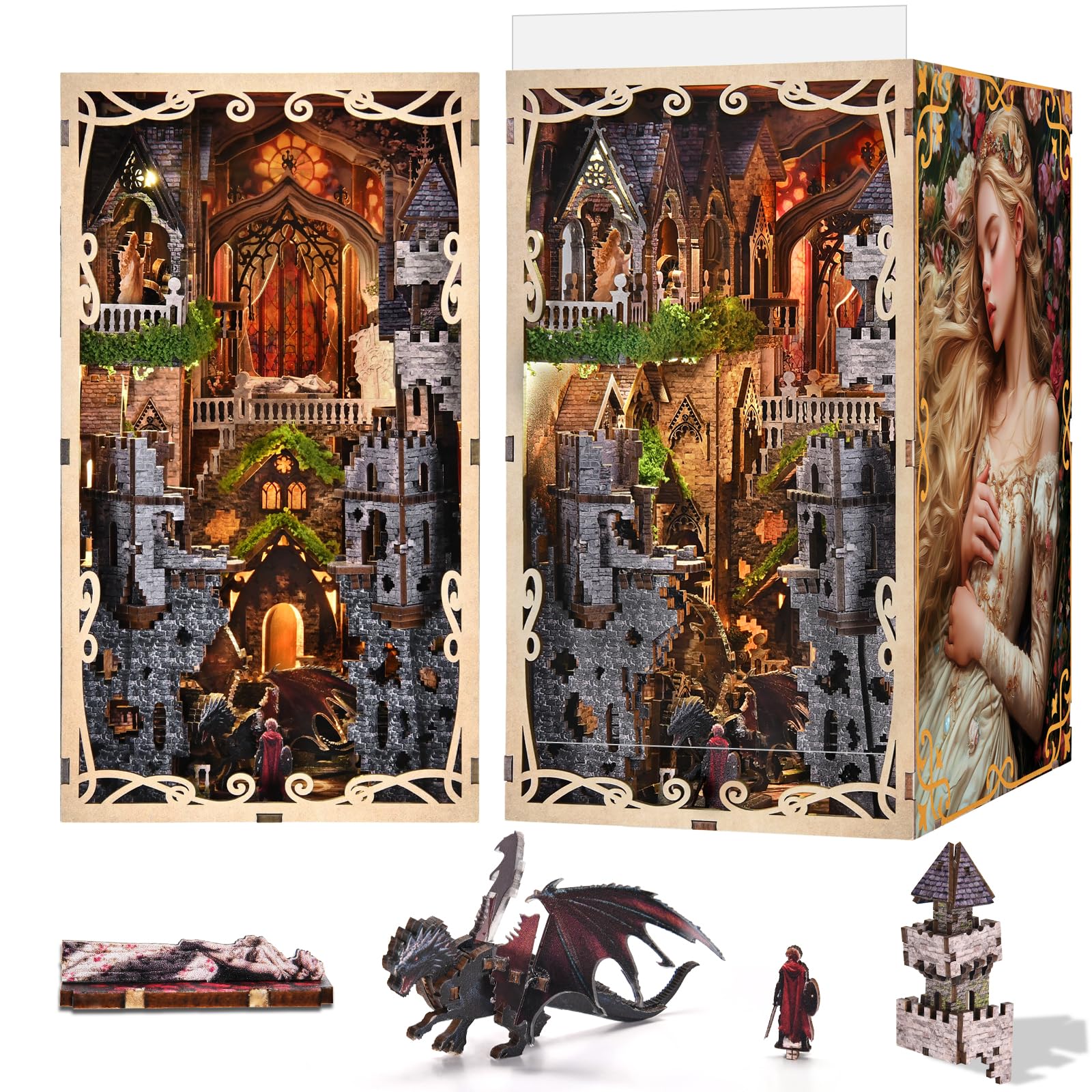 MiniCity Book Nook Kit, 3D Holzpuzzle Buchstütze Bücherregaleinsatz Dekoration für Jugendliche und Erwachsene-Sleeping Beauty