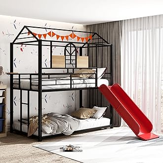 Harper & Bright Designs House Bunk Bed with Slide, Twin Over Twin Bunk Bed with Roof and Guardrails, Metal Bunk Bed Twin Over Twin, House Bed for Kids, Teens, Girls, Boys (Black & Red)