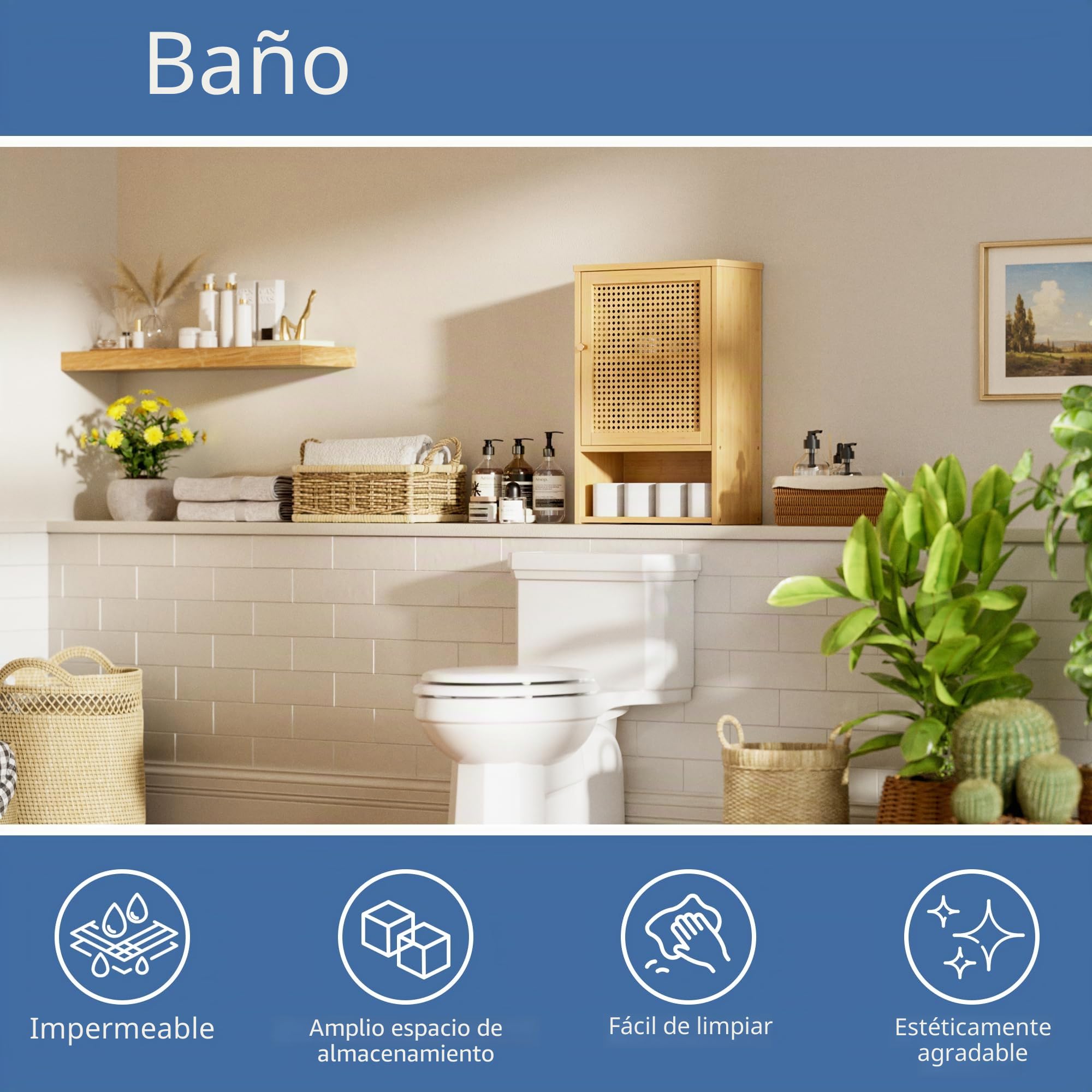 HITNET Armario Baño Pared en Ratán, Mueble Colgante de Bambú, Gabinete de Almacenamiento Suspendido con Compartimento Abierto y Estante Ajustable, para Salón, Pasillo y Cocina, Color Natural