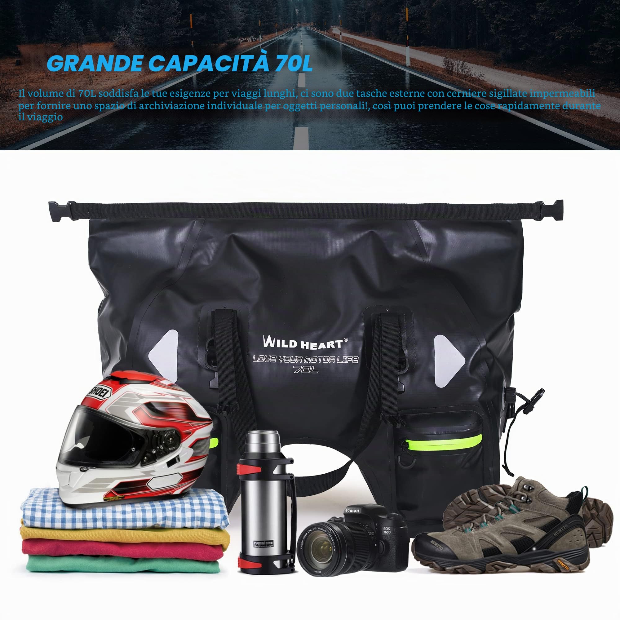 WILD HEART Borsa Da Sella Per Moto 70l Impermeabile Pvc 500d Nero