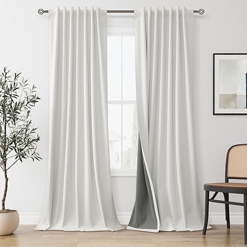 Miniatura 8 de Cortinas 100% opacas de 84 pulgadas de largo, juego de 2 paneles de lino negro, aislamiento térmico, cortinas opacas de bloqueo de luz,