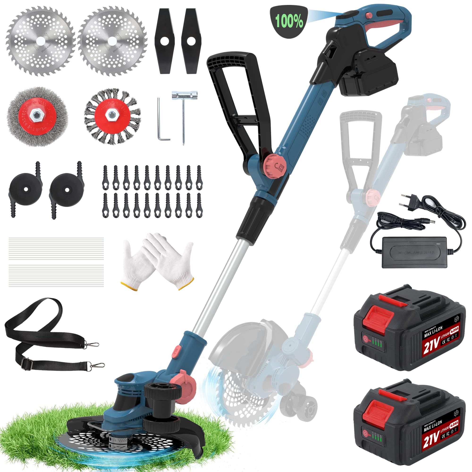 Rasentrimmer mit 21V,freischneider mit unkrautbürste,Freischneider akku | 6 Klingentypen,inkl 2×4.0Ah Akku & Ladegerät,750W Bürstenloser 2-in-1 Motor-Light Blue