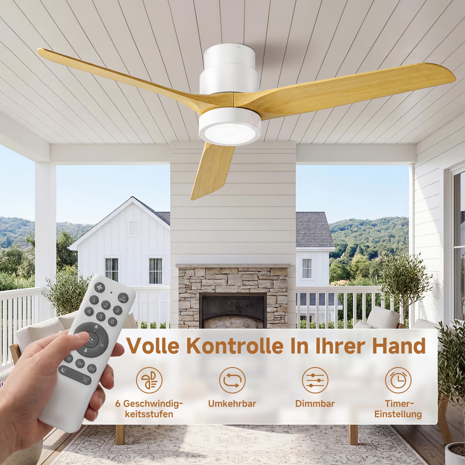 Ateroll 132 cm Deckenventilator mit Beleuchtung und Fernbedienung, DC-Motor, 6 Geschwindigkeiten, Timer, dimmbares LED, Sommer-Winterbetrieb