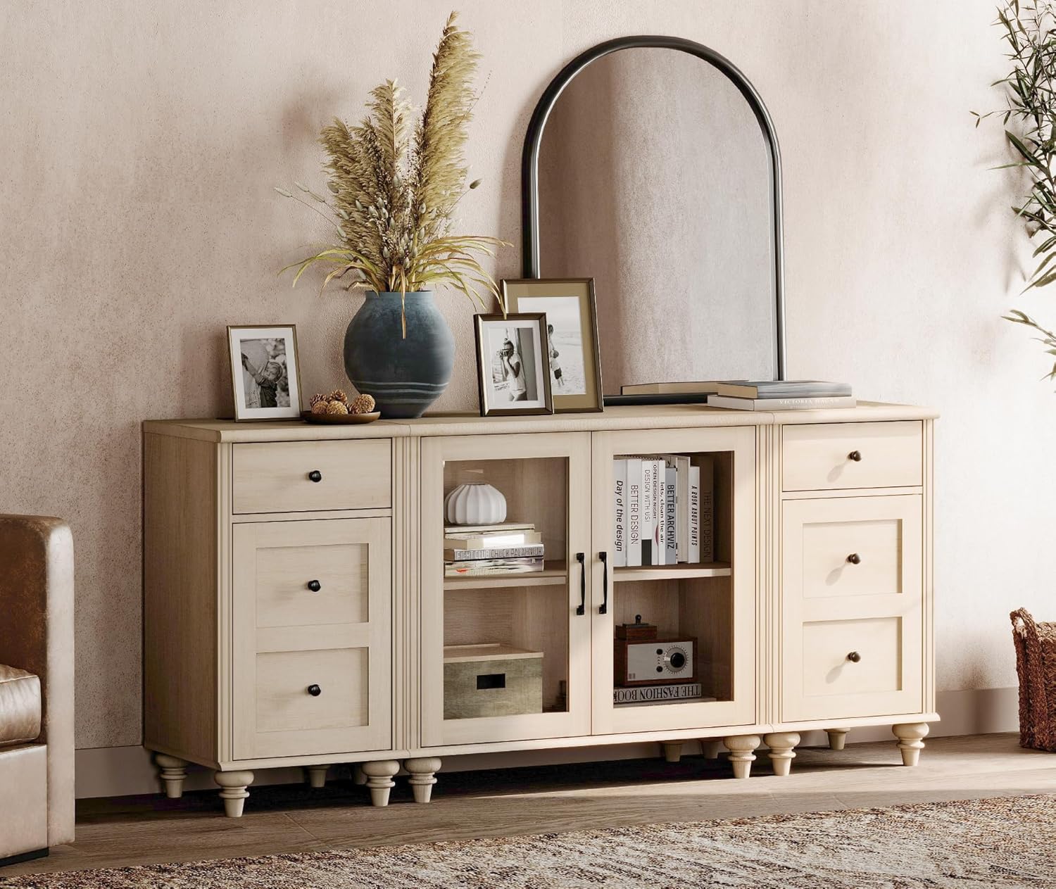 WAMPAT TV Stand for 75 Inch TV, Wood TV Cabinet Entertainment Center with Charging Station, Glass Door Buffet Cabinet for Dining Room, Light Oak