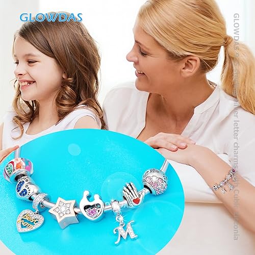 Miniatura 5 de GLOWDAS Dijes de 26 letras con inicial del alfabeto A-Z, compatible con pulsera europea de bricolaje, plata de ley 925 con dijes de circonita