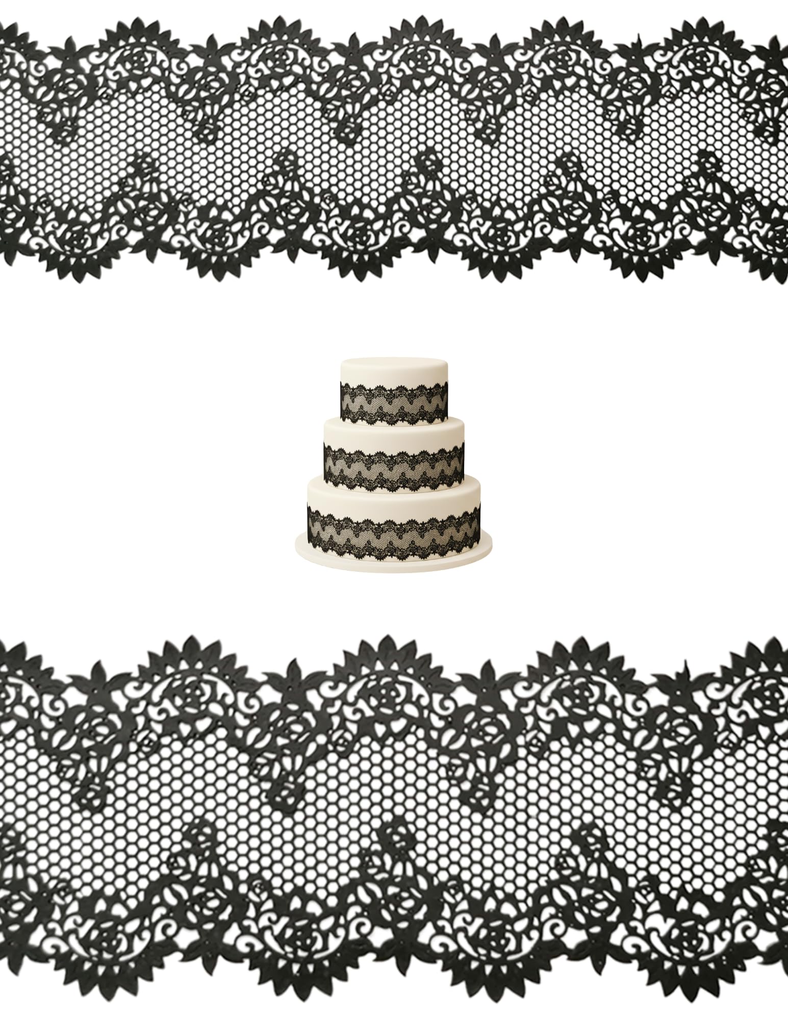 Yummy Decor Edible Black Sugar Lace 3x Strips 11.5''x3.5'' (28.5cmx8.5cm)/ Flexible Sugar Lace Strip for Cakes, Cupcakes, Cookies, Chocolate and Desserts