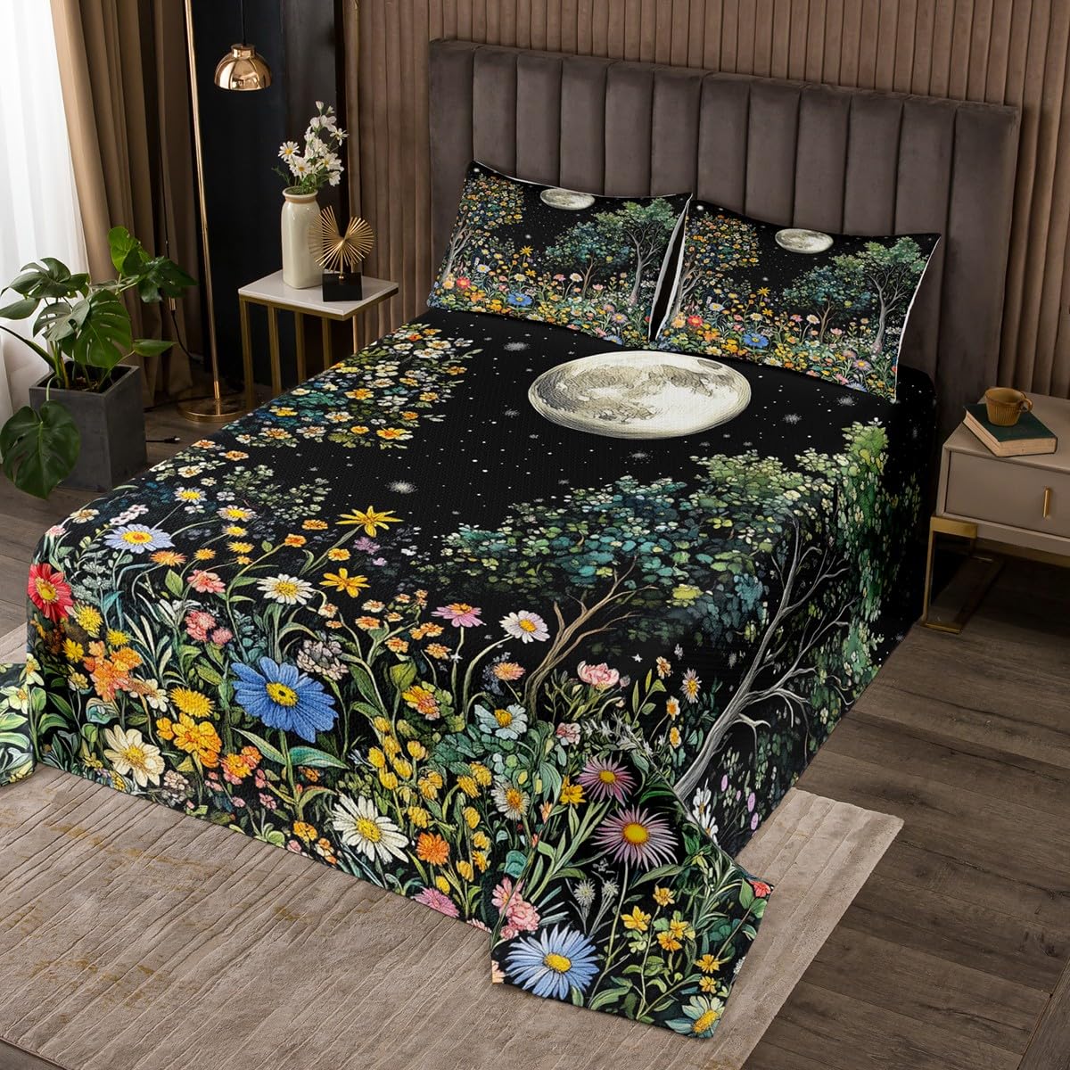 jejeloiu Sun Moon Bedspread for Kids Boys Girls Floral Botanical Coverlet Set Twin Size Daisy Quilted Coverlet Bedroom Decor Breathable Soft Lightweight Microfiber 2Pcs