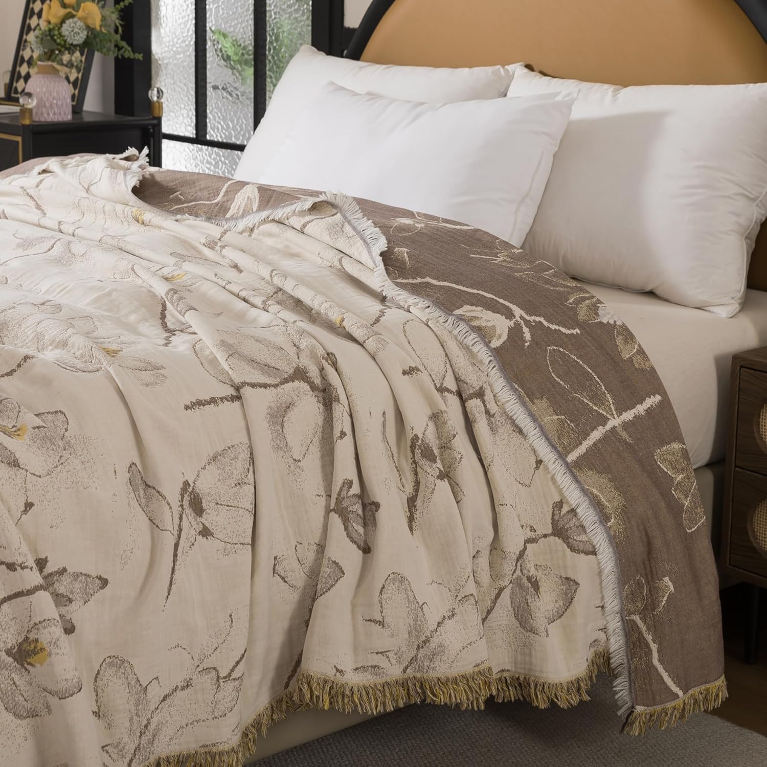 Lemfux 4-Layer 100% Cotton Muslin Cooling Blanket, Boho Floral Gauze Throw with Fringe, Ultra Soft Breathable Lightweight Bedspread Coverlet for Bed Sofa Couch