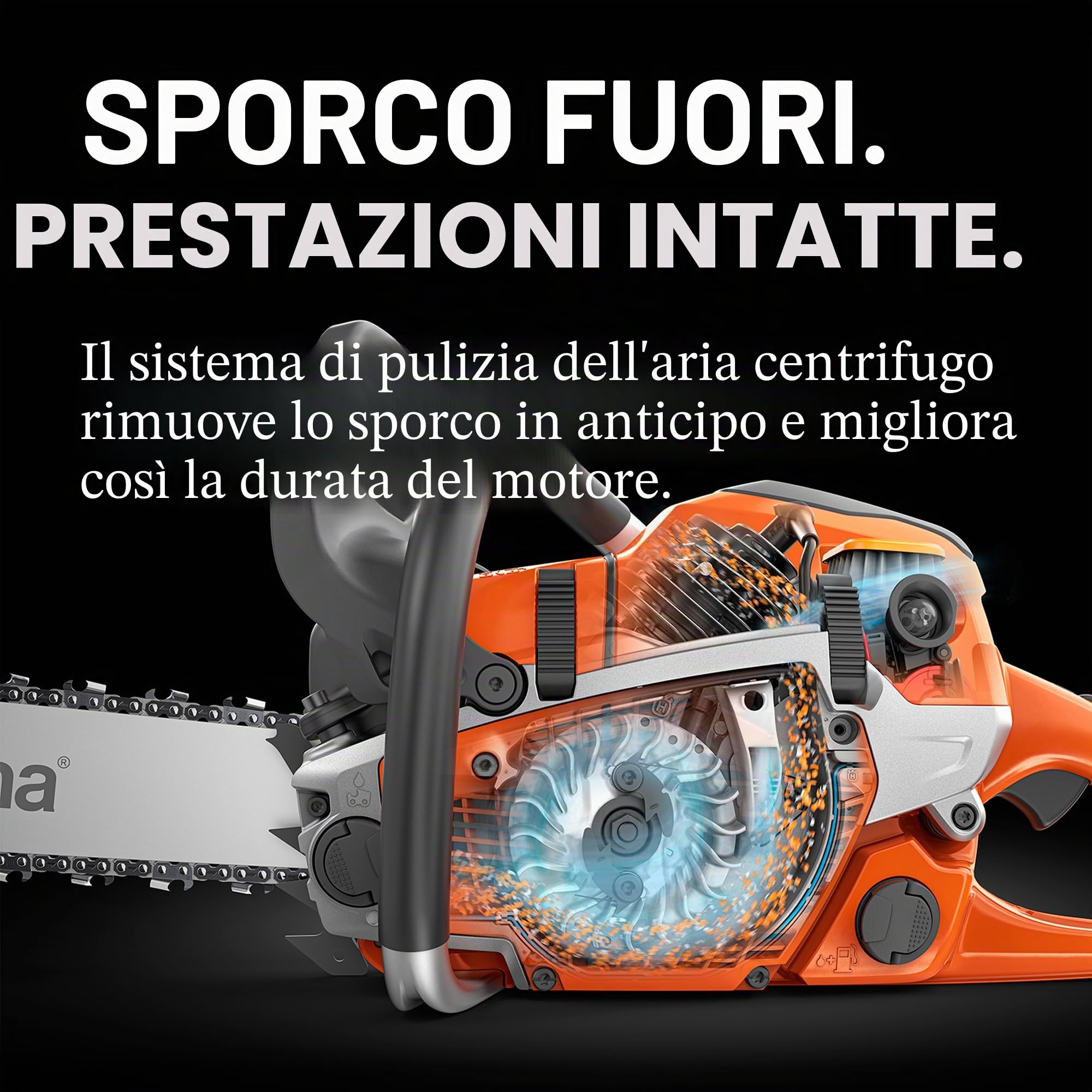 Motosega a scoppio Husqvarna modello 120 Mark II, 38.2 cc, 1.4 kW, barra da 35,6 cm, peso di 5.85 kg