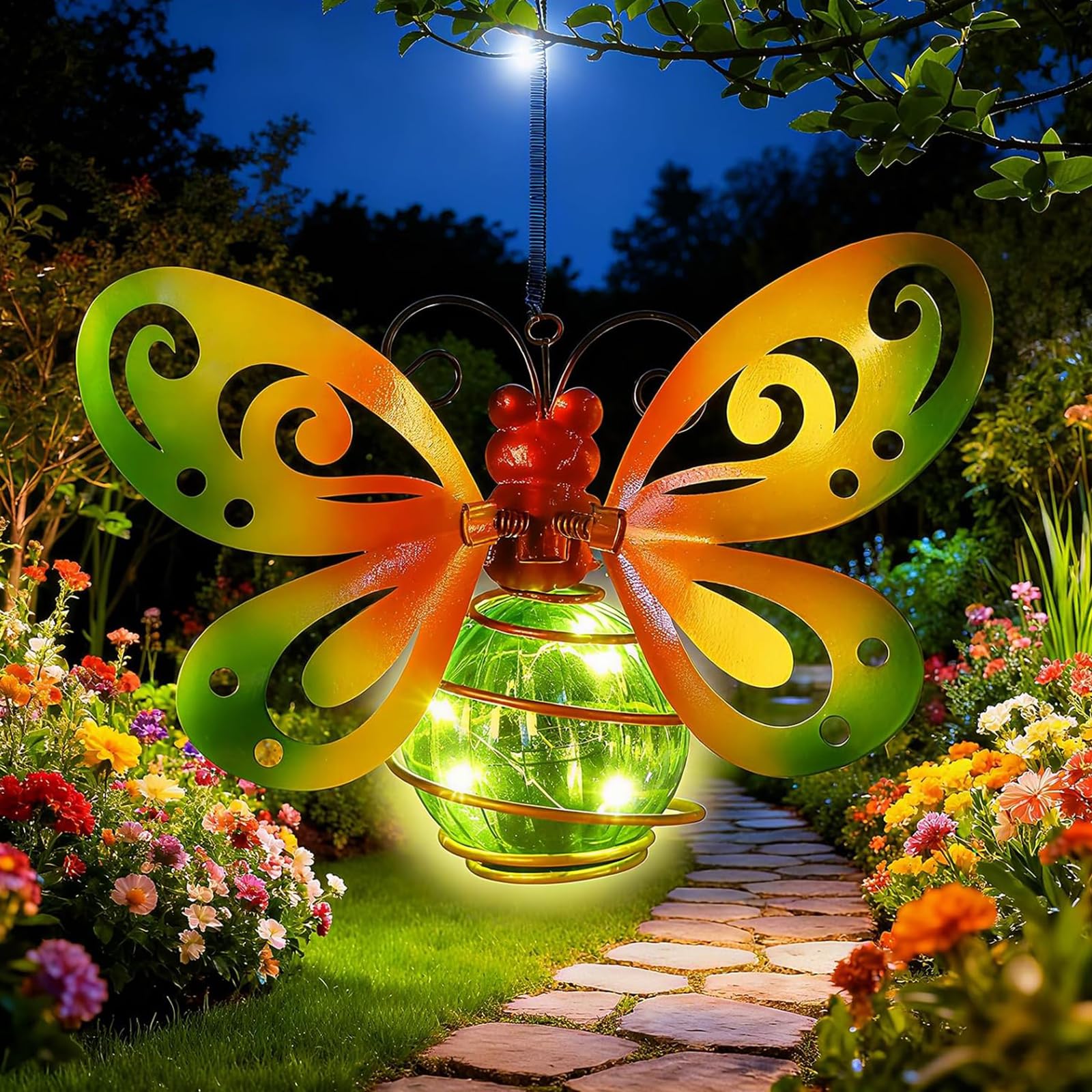 Hanging Solar Butterfly Lights, Outdoor Garden Decor with Metal Art, Solar Powered Yard Decoration for Patio Porch Backyard Fence, Waterproof Hanging Lantern Gifts for Women Mom Grandma