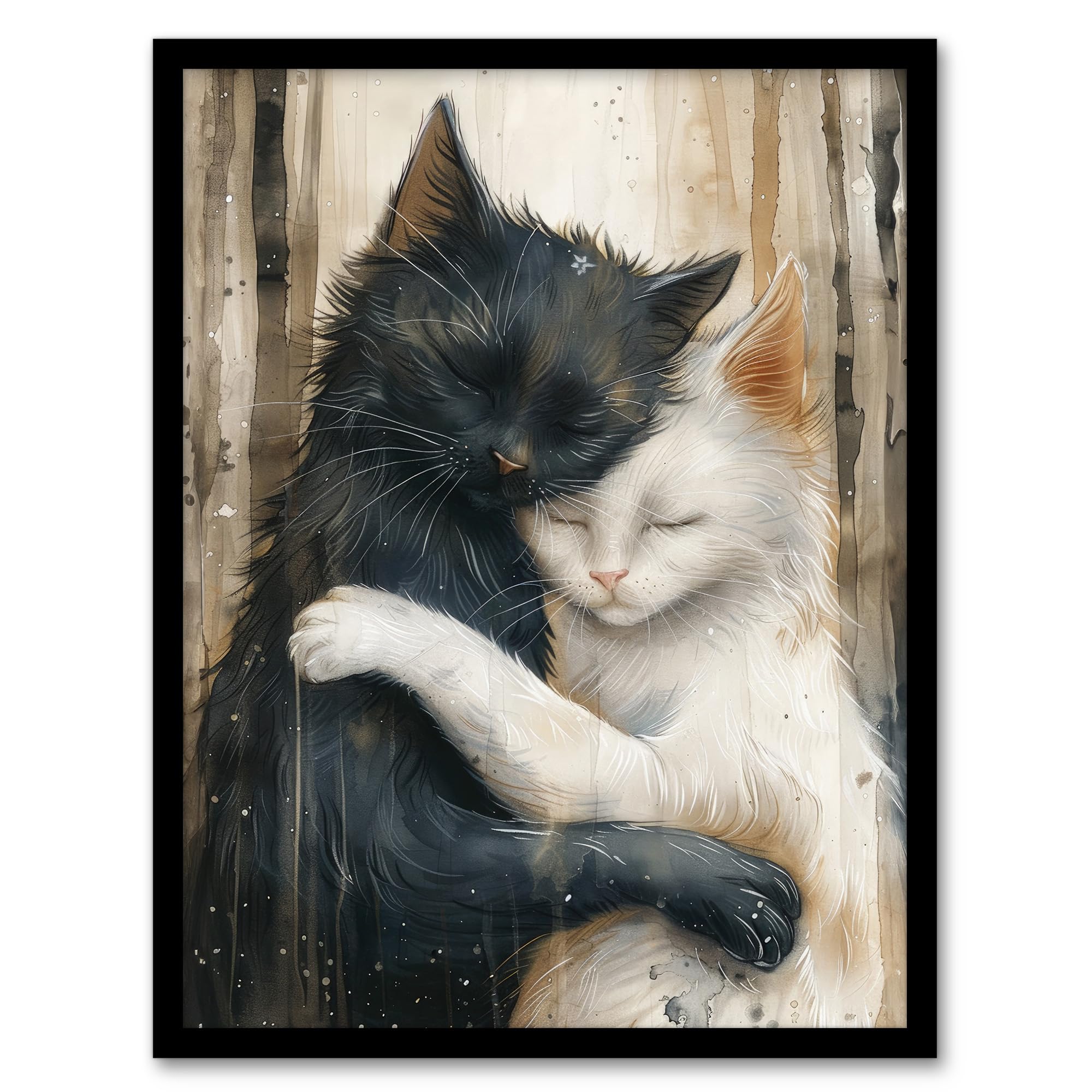 Artery8 Black Cat White Cat Lover Hugging Watercolour For Living Room Artwork Framed Wall Art Print A4