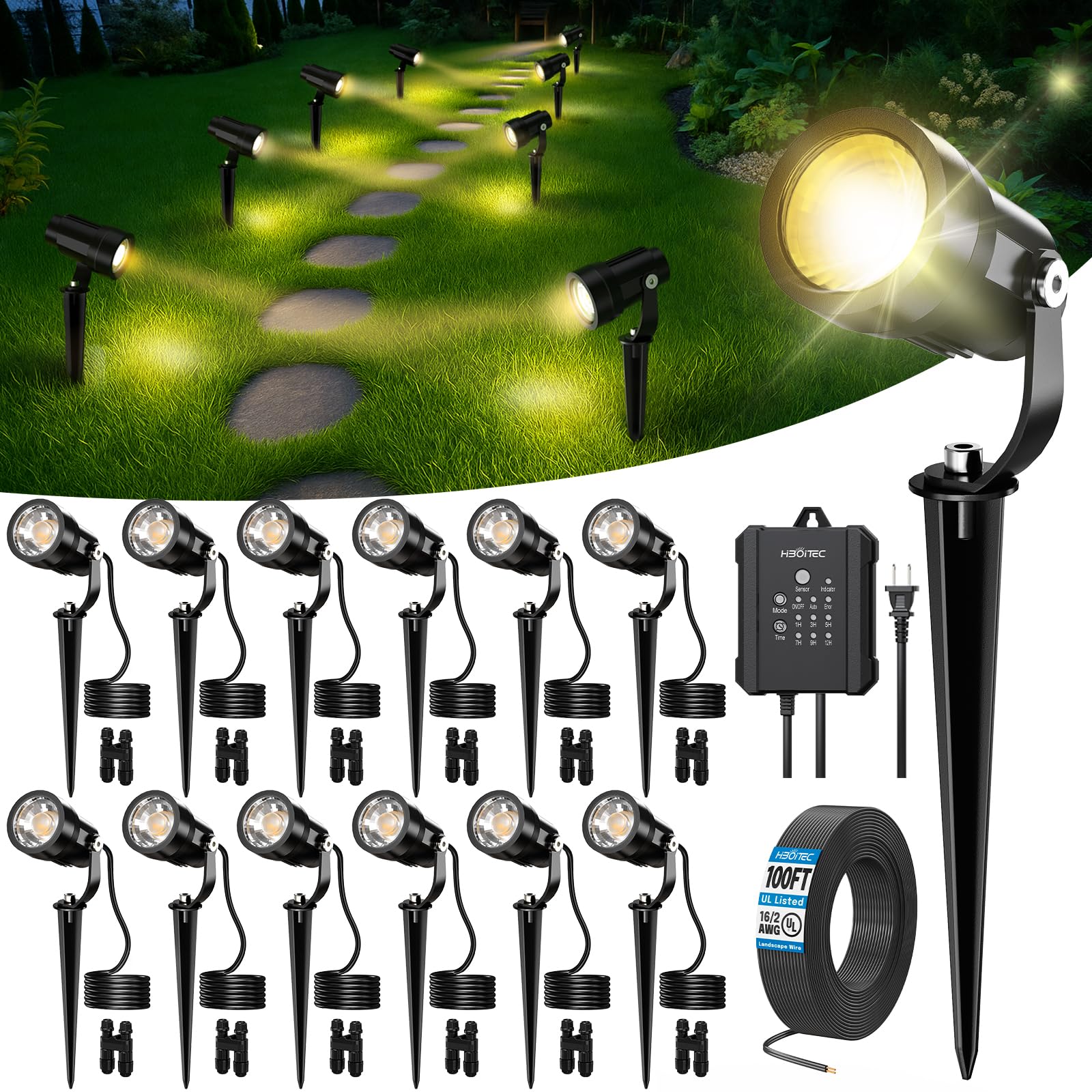 HIBOITEC 12PCS Gartenbeleuchtung Set mit 65W Transformator, 30m Kabel &12 Verbinder, Fotozelle Sensor Strahler Außen, Gartenstrahler Led außen Wasserdicht, 2700K Timer Gartenlampen für Rasen, Wege