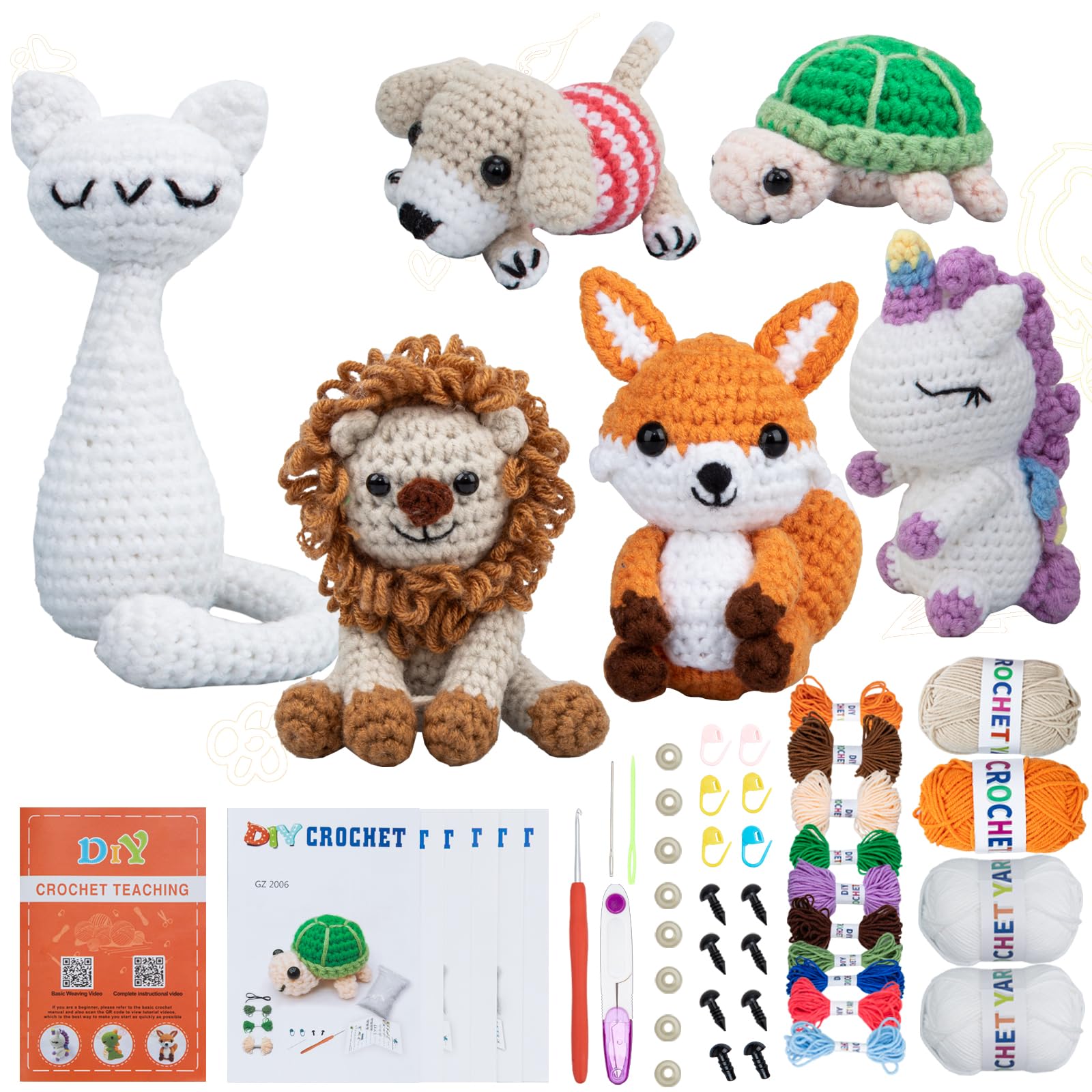 Kit de ganchillo para principiantes, kit de 6 piezas de animales de ganchillo, kit para principiantes con videos paso a paso, hilo, gancho de ganchillo, gran regalo de cumpleaños y vacaciones (kit de