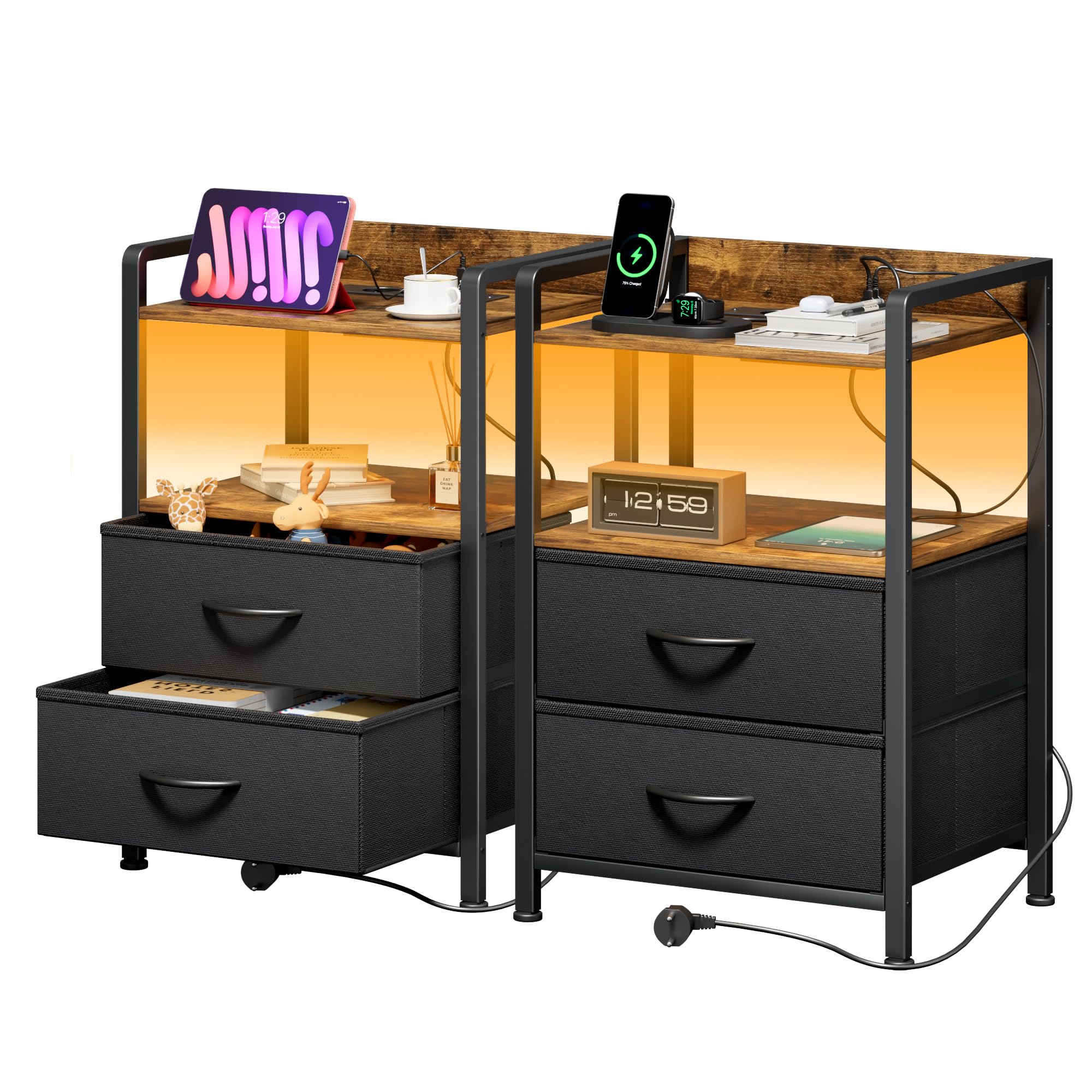 YOUDENOVA Nachttisch 2er Set mit LED-Beleuchtung, Nachtschrank mit Ladefunktion, Beistelltisch mit 2 Schubladen und 2 Offene Regale, Couchtisch fürs Wohnzimmer, Schlafzimmer, Vintage Braun