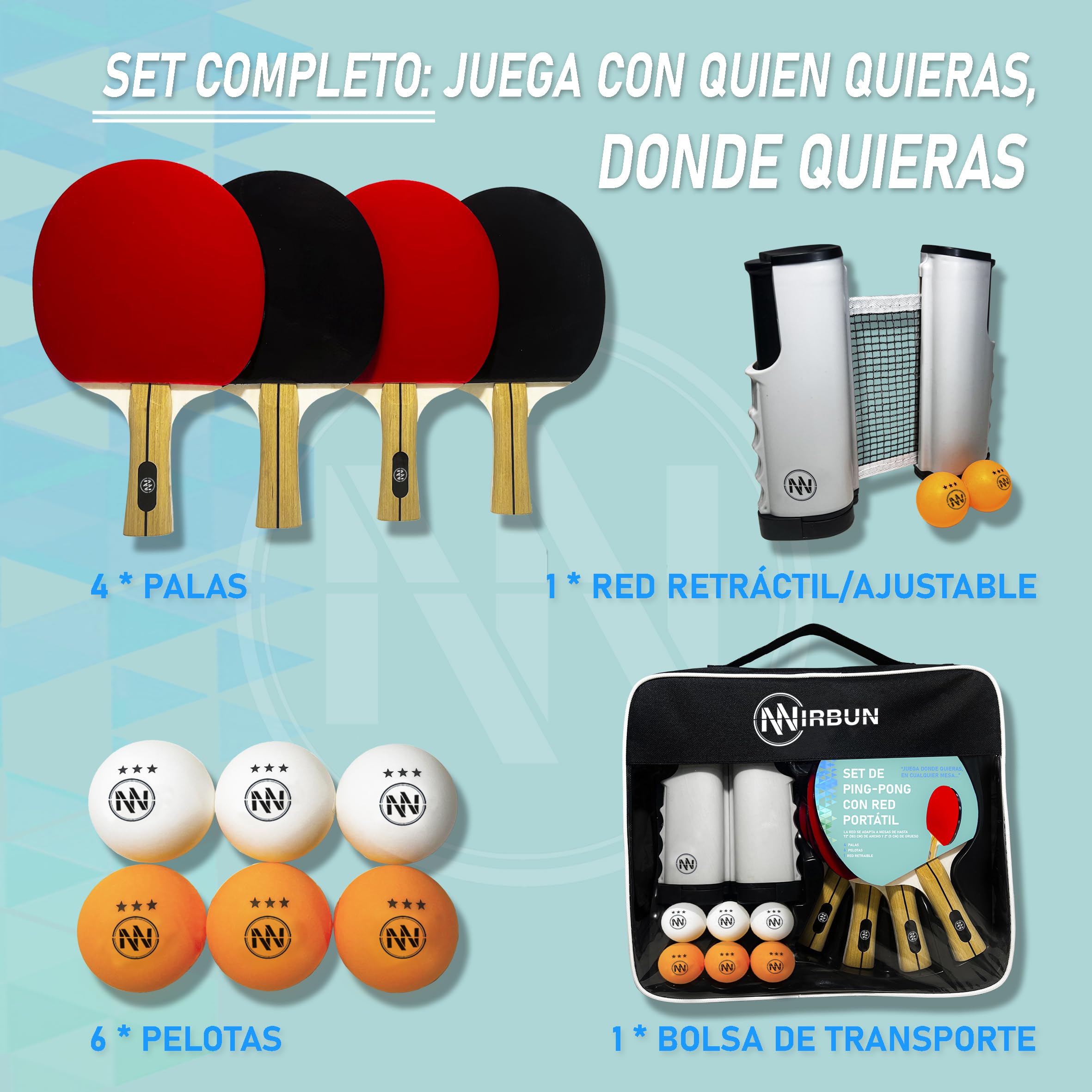 NIRBUN Set Ping Pong Con Red Extensible - Palas Profesionales - Pelotas 3 Estrellas - Red Ajustable Para Mesa - Set Portátil - 3