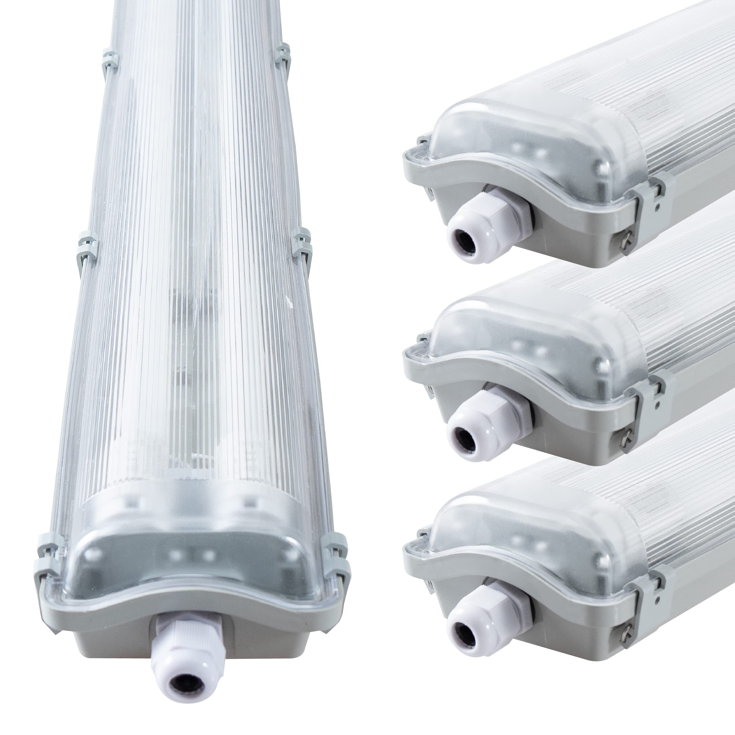 LED Feuchtraumleuchte 120cm IP65 mit 2x 18W Leuchtstoffröhre – neutralweiß 3.600 Lumen – Klappdeckel, Steckklemme, Kabeleinführung NYM-J 3x2,5mm² – 4er Sparset – Feuchtraumleuchte LED 120cm