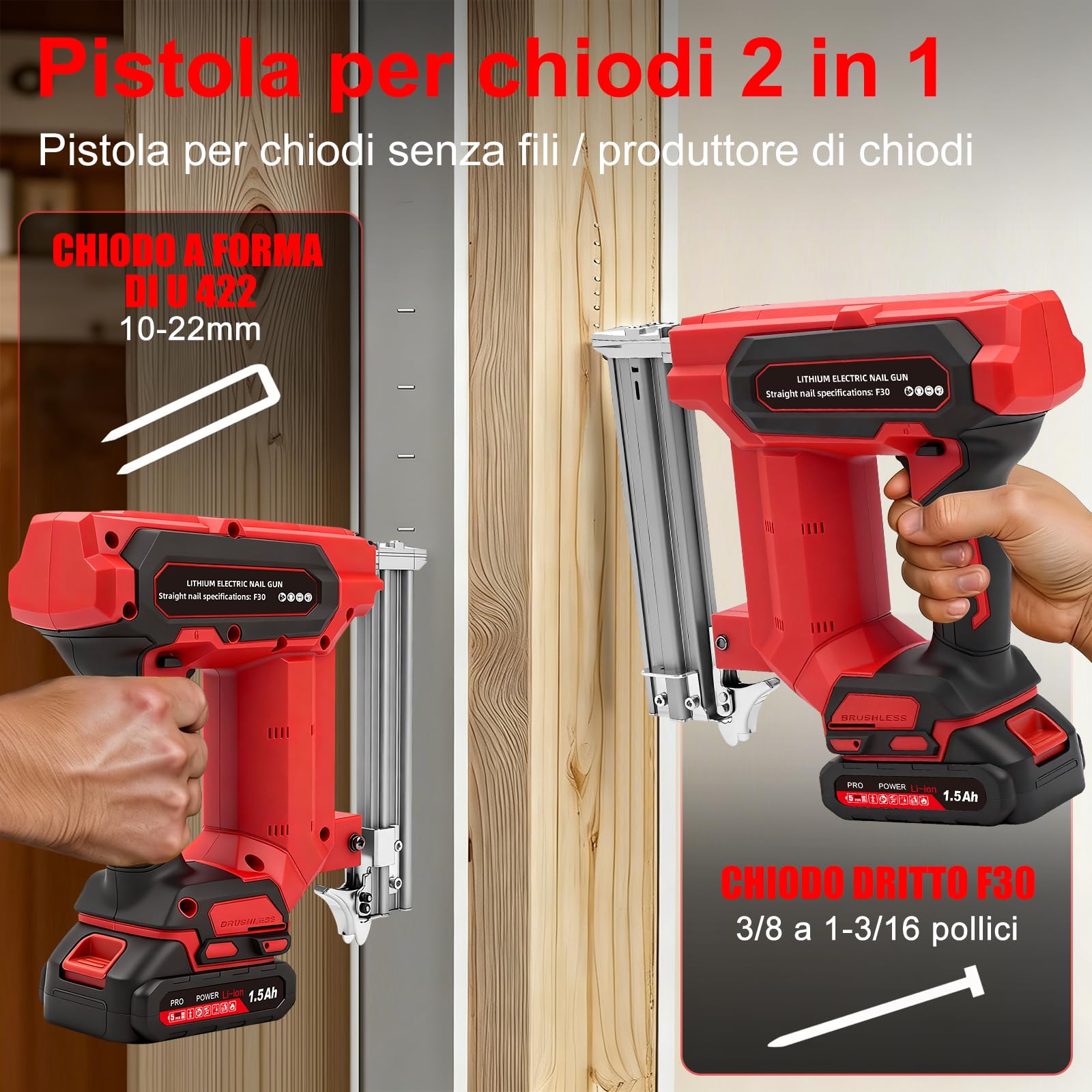 Chiodatrice Elettrica, 2 in 1 Chiodatrice e Graffettatrice con 500 Chiodi F30 e 500 Graffette Tipo 422, Chiodatrice a Batteria Senza Fili, per Vari Tipi di Legno, 1500mAh Batteries *2