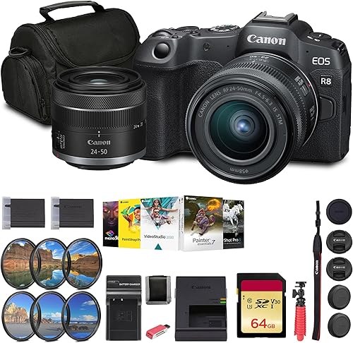 Canon Cámara sin espejo EOS R8 con RF 0.945-1.969 in f/4.5-6.3 es lente STM (5803C012) + tarjeta de memoria de 64 GB + software de foto Corel +