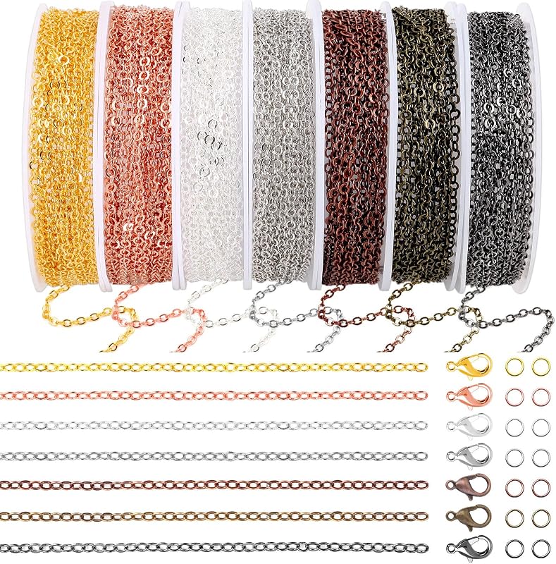 70Ft Jewelry Making Chains, 7 Colors 2mm Necklace Chains for Jewelry Making | Stainless Metal Chains Kit with 210Pcs Jump Rings and 70Pcs Lobster Clasps for DIY Jewelry Necklace Bracelet Anklet Making