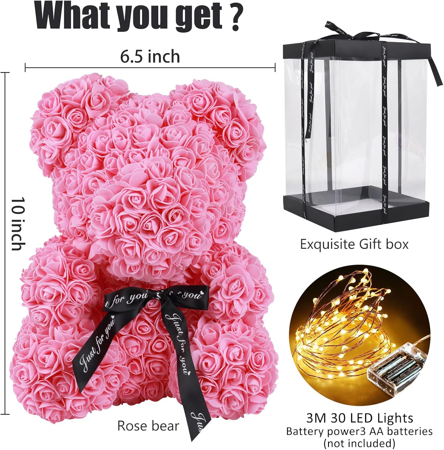 RECUTMS Rose Gifts for Her,10 inch Roses Flower Teddy Bear with Lights,Lighted Up Bears Gift for Christmas,Mothers Day,Galentines Day,Anniversary,Birthday Home Bedroom Pink Decor(A-Pink - Image 7