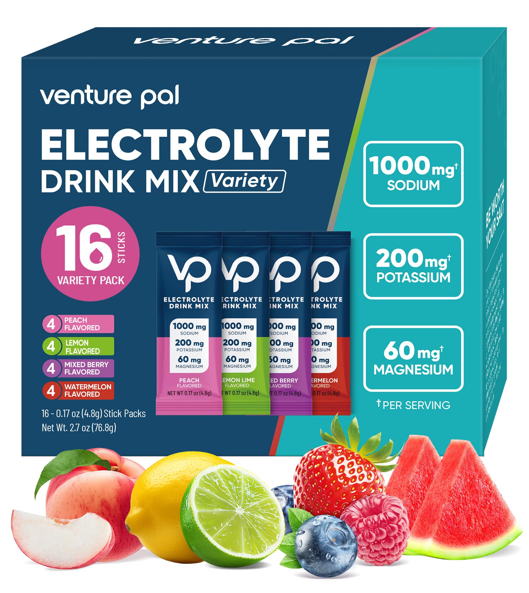 Venture Pal 高ナトリウム無糖電解質パウダーパック - ナトリウム、カリウム、マグネシウムを含む水分補給パケット | カロリーゼロ| ビーガン、ケト、パレオフレンドリー | 16スティック