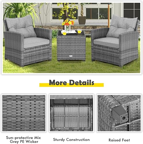 Miniatura 68 de Tangkula - Juego de muebles de patio de 3 piezas, mimbre de ratán de PE, para exterior, con cojín lavable y mesa de vidrio templado, muebles