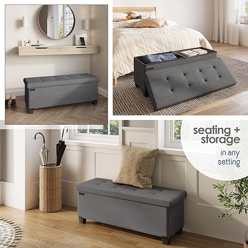 Miniatura 4 de Storage Ottoman Bench with Bins, 43-in Storage Bench for Bedroom End of Bed, Folding Foot Rest Ottoman for Living Room Max 660lbs, Fabric Ottomans,
