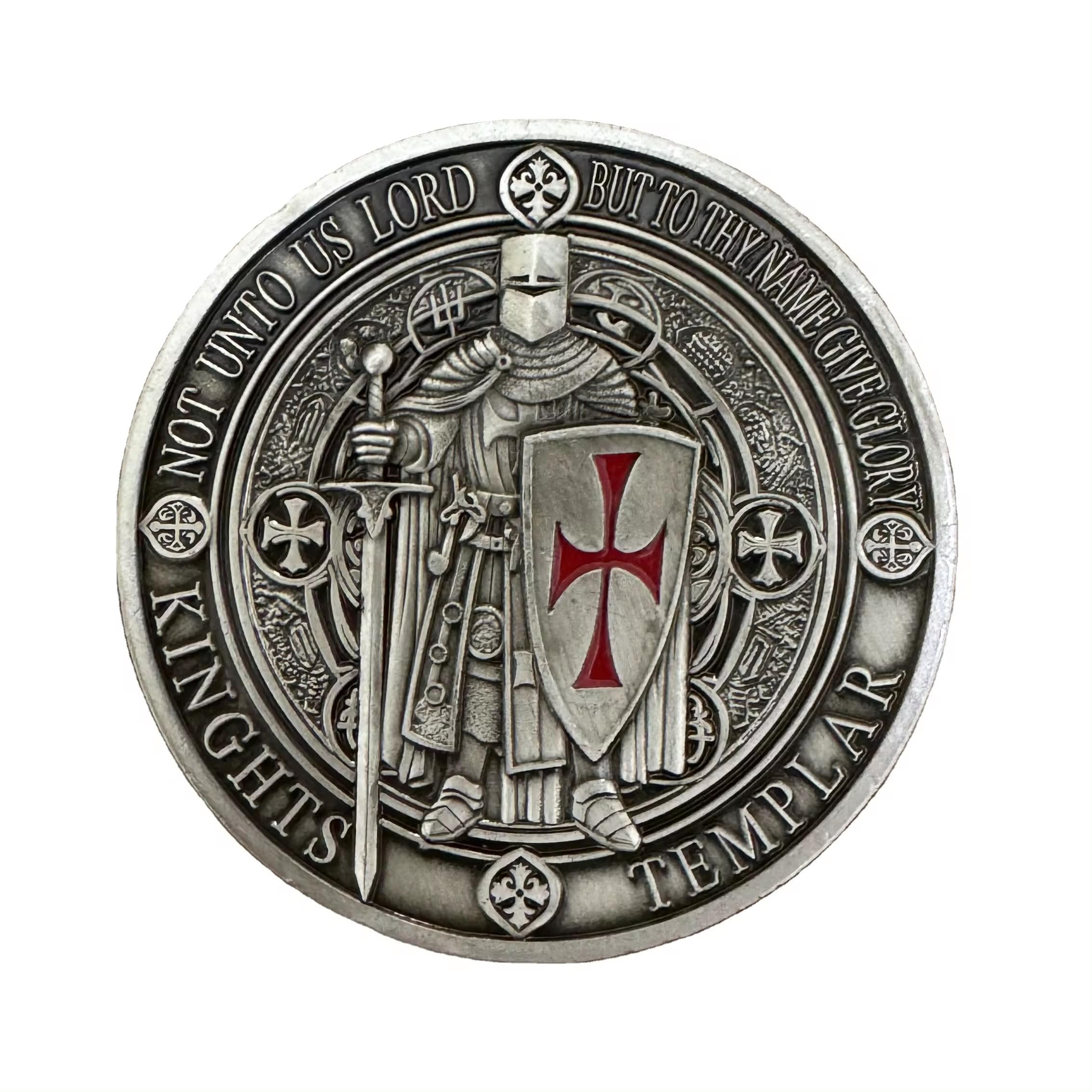 BirchRiver Knights Templar Award, 3D Knight with Sword & Shield, Engraved Motto 'Non Nobis Domine, Non Nobis, SED Nomini Tuo Da Gloriam' (Silver Color)