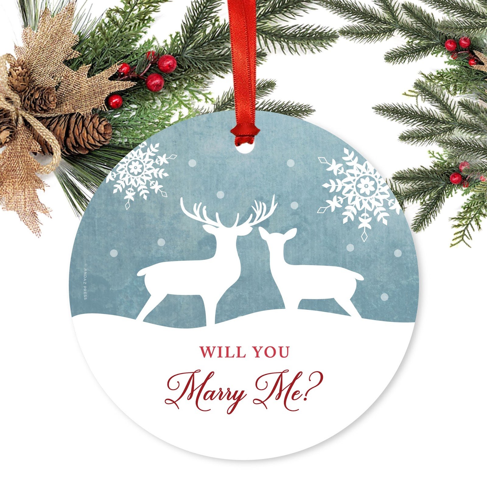 Andaz Press Engagement Wedding Proposal Metal Christmas Ornament, Will You Marry Me?, Rustic Deer Winter Snowflakes, 1-Pack, Includes Ribbon and Gift Bag