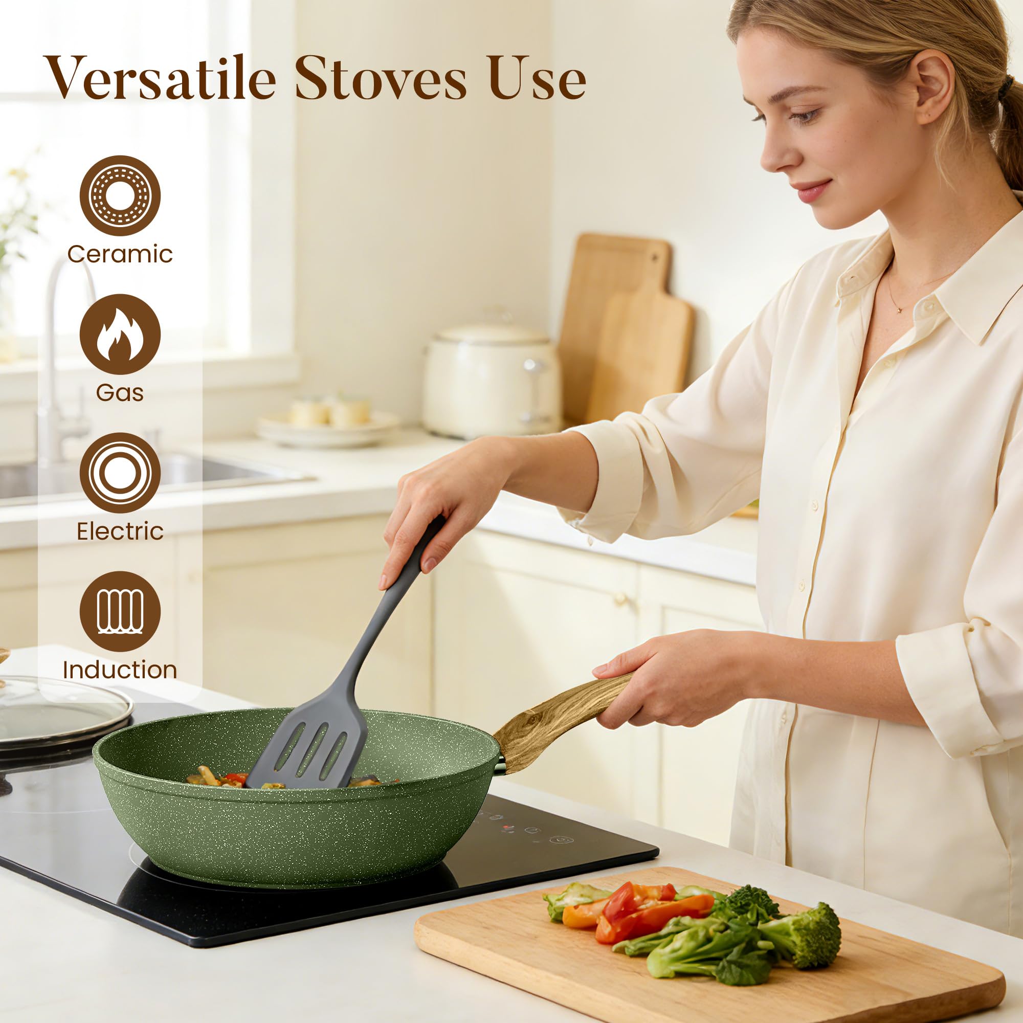 Kitchen Academy Lot Casserole et Poêle Induction 12 Pcs Batterie Cuisine | Antiadhésive en Granite Batterie de Cuisine Tout Feux, 100% Sain et Sans PFOA ni PFOS, Facile à Nettoyer