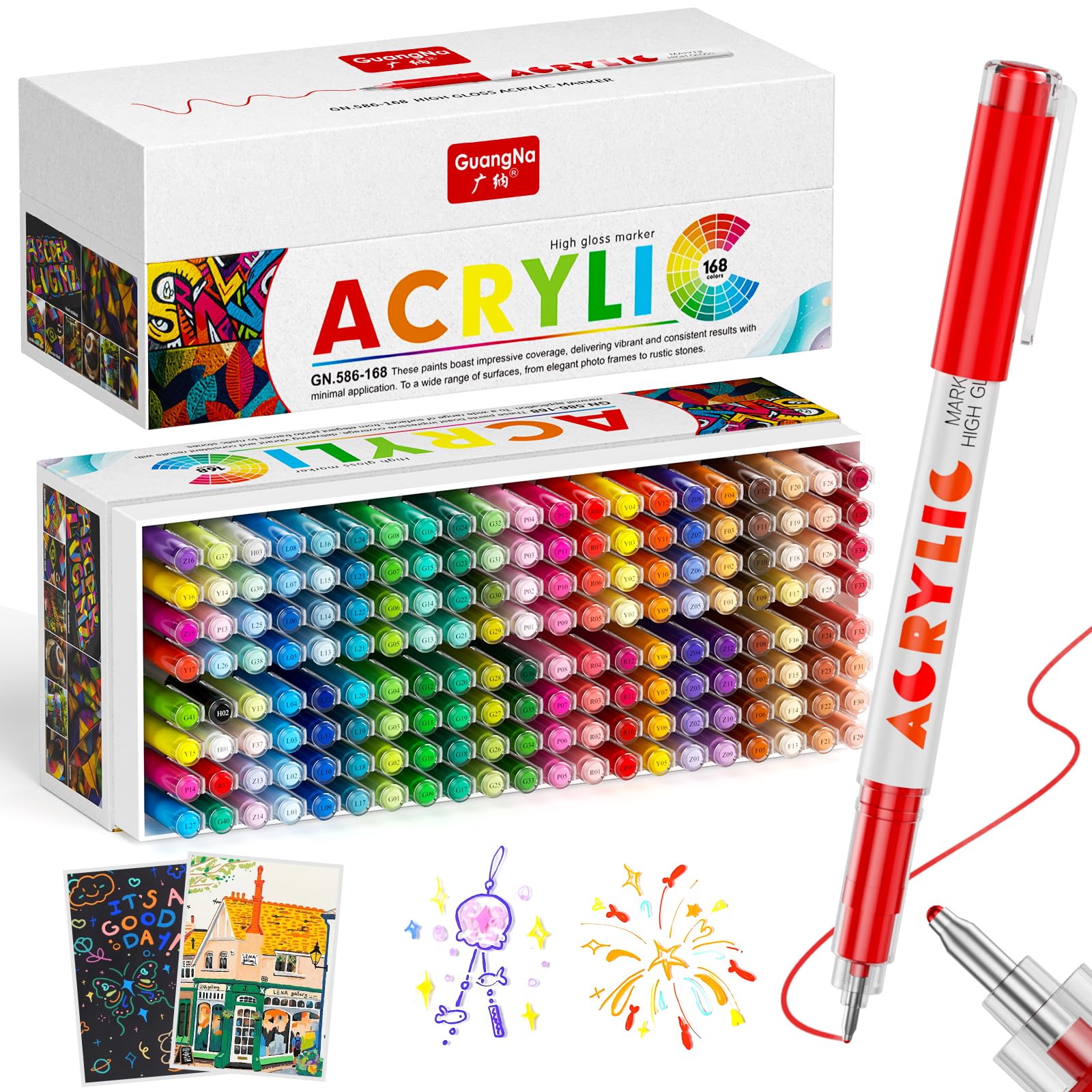 168 Colores Rotuladores Acrilicos, Rotuladores acrílicos con punta dura de 1 mm, Ideales para Papel, Tela, Cerámica, ideales para tarjetas de Halloween, Navidad, cumpleaños y Año Nuev