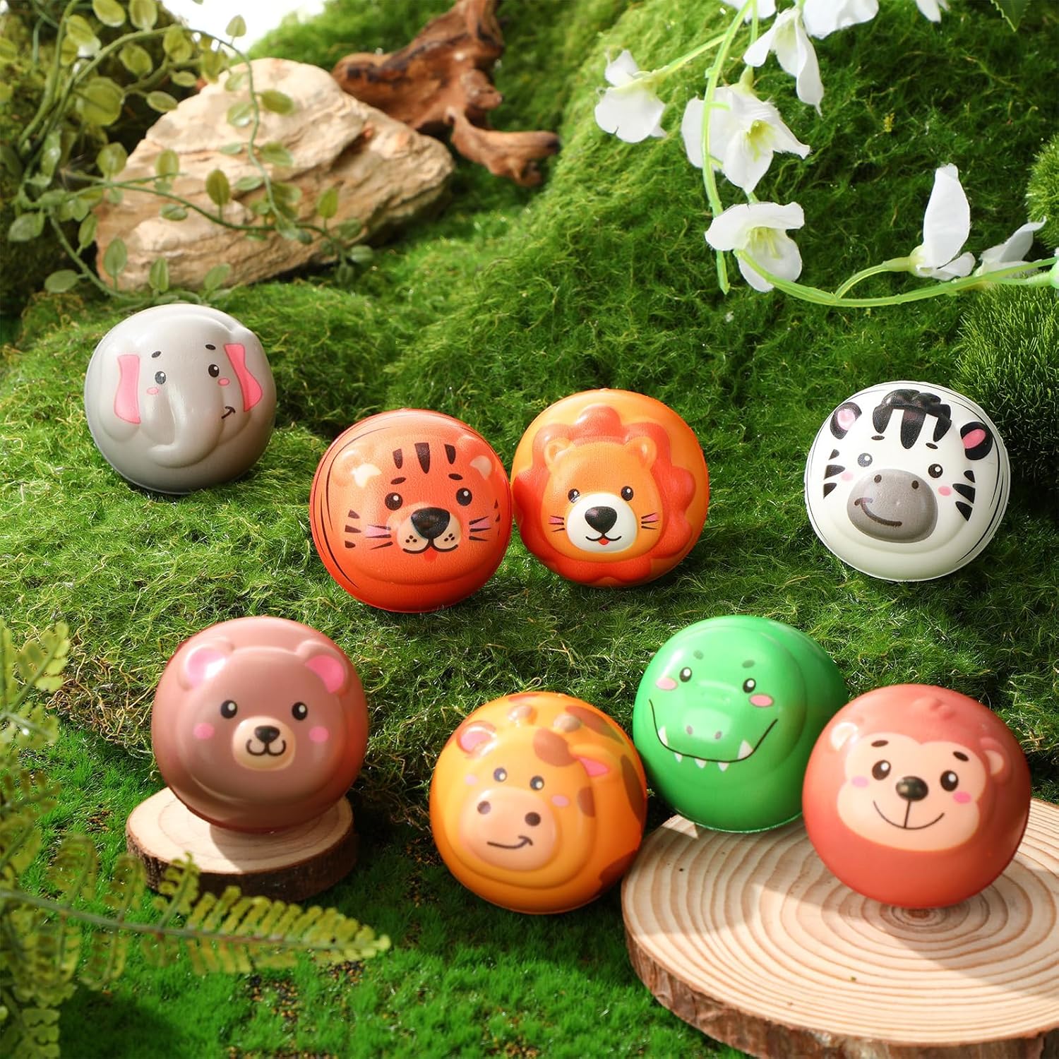 HyDren 48 Pcs Animal Stress Balls Jungle Animal Party Favor 2" Safari Squeeze Ball Fidget Toys with Bag Wild One Zoo Birthday Decoration Classroom Prizes for Baby Shower Student Kids Gifts , 8 Style