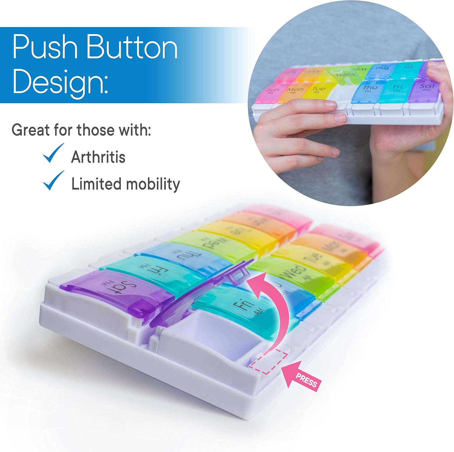 RMS Weekly and Daily Pill Organizer - 7 Day Pill Planner, Dispenser Case for Medication, Vitamin Supplements with Easy Press Open Design and Large Capacity (Twice Per Day)