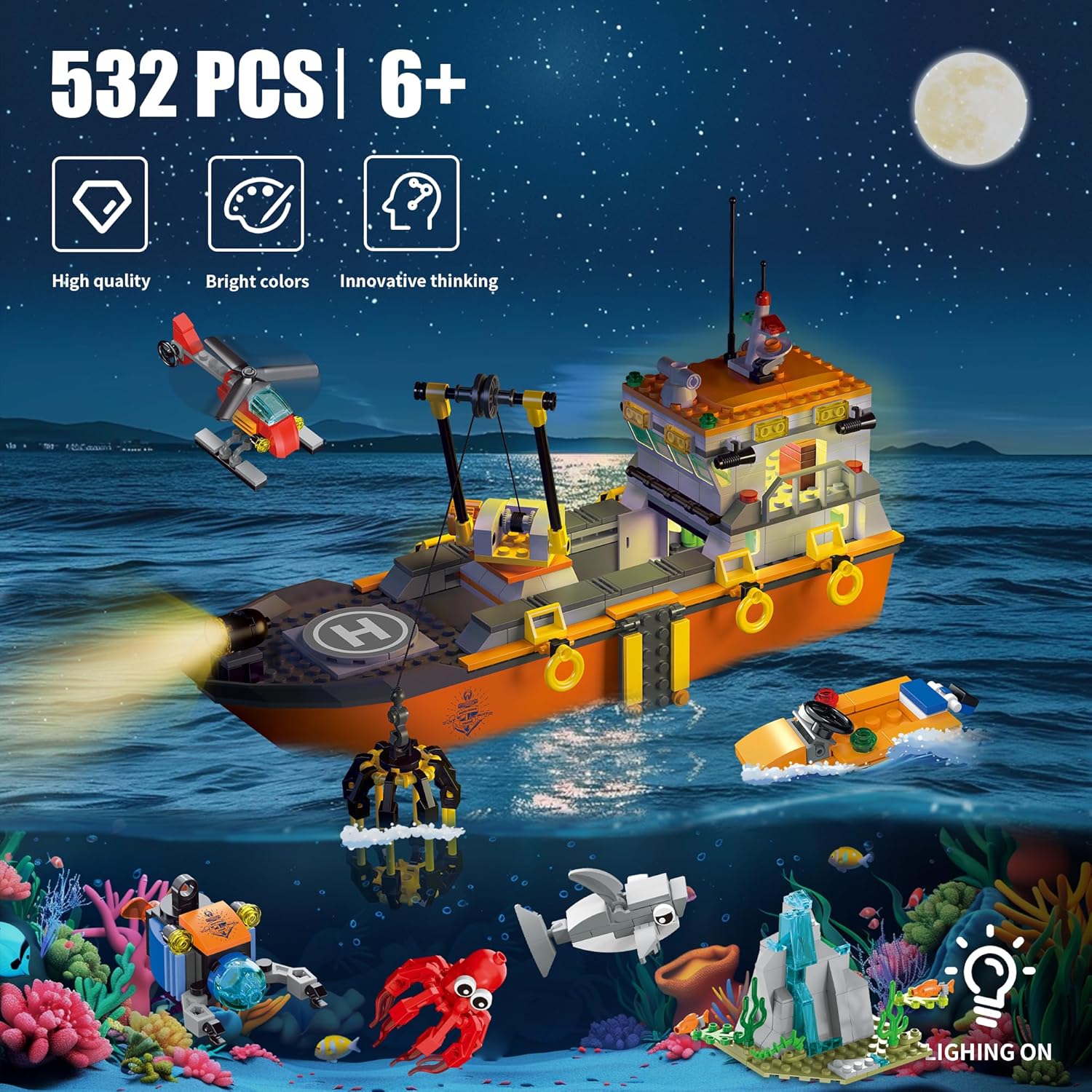 AKWME City Ocean Explorer Ship Building Set, Exploration Boat Set Toy Building Block with LED Lights, Helicopter, Submarine and Shark Cage, Birthday Gifts for 6 8 10 12 Years Old Boys Kids Girls