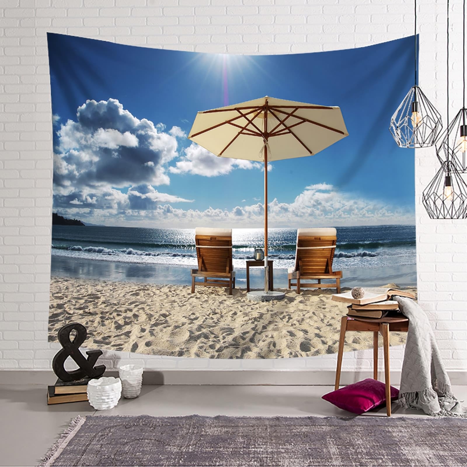 Lirzxin Telo Arazzo Parete, Arazzi da Parete Moderni Blu Beige Paesaggio di Sdraio da Spiaggia e Mare Tapestry Utilizzato in Camera da Letto, Soggiorno, Decorazione Murale, 260x240CM