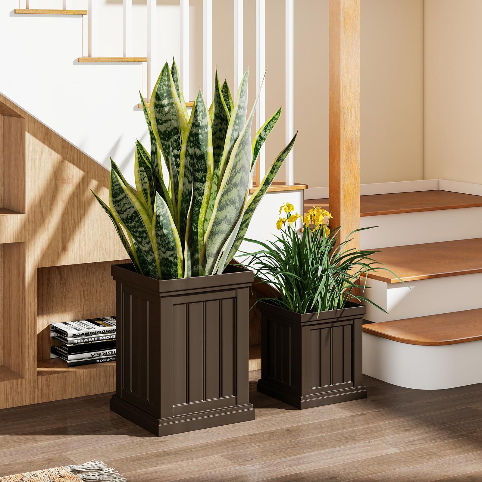 GOPLUS 2er Set Blumentopf Quadratisch, Übertopf mit Entwässerungslöchern, Pflanzentopf wetterfest stapelbar, Blumenübertopf Kunststoff für Garten, Balkon und Veranda, Braun