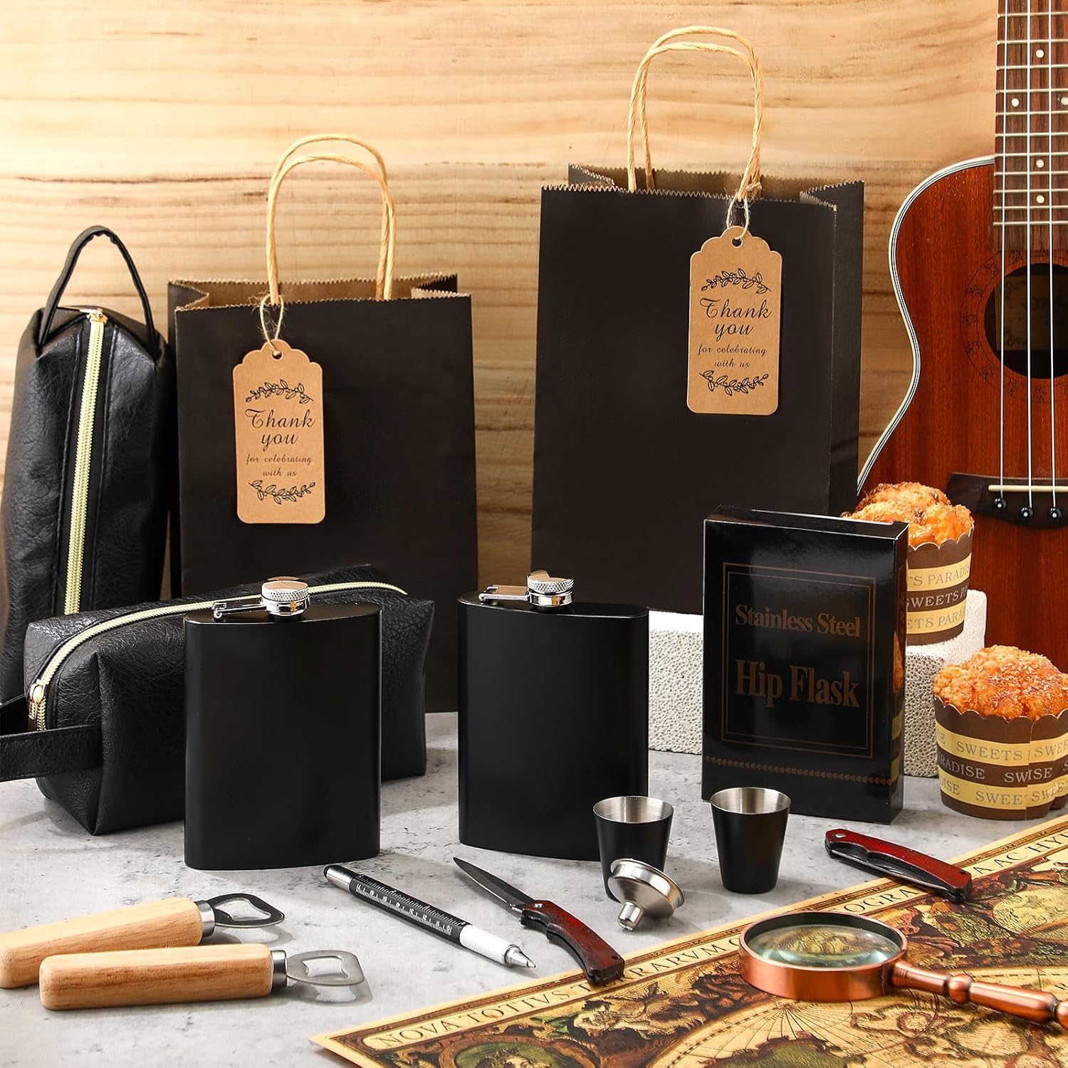 44 Pcs Baby Shower Game Prize for Men Winner with Gift Bag Flask PU Leather Toiletry Bag Multi Tool Pen Bottle Opener Folding Knife for Baby Shower Groom Bachelor Party Wedding(Black)