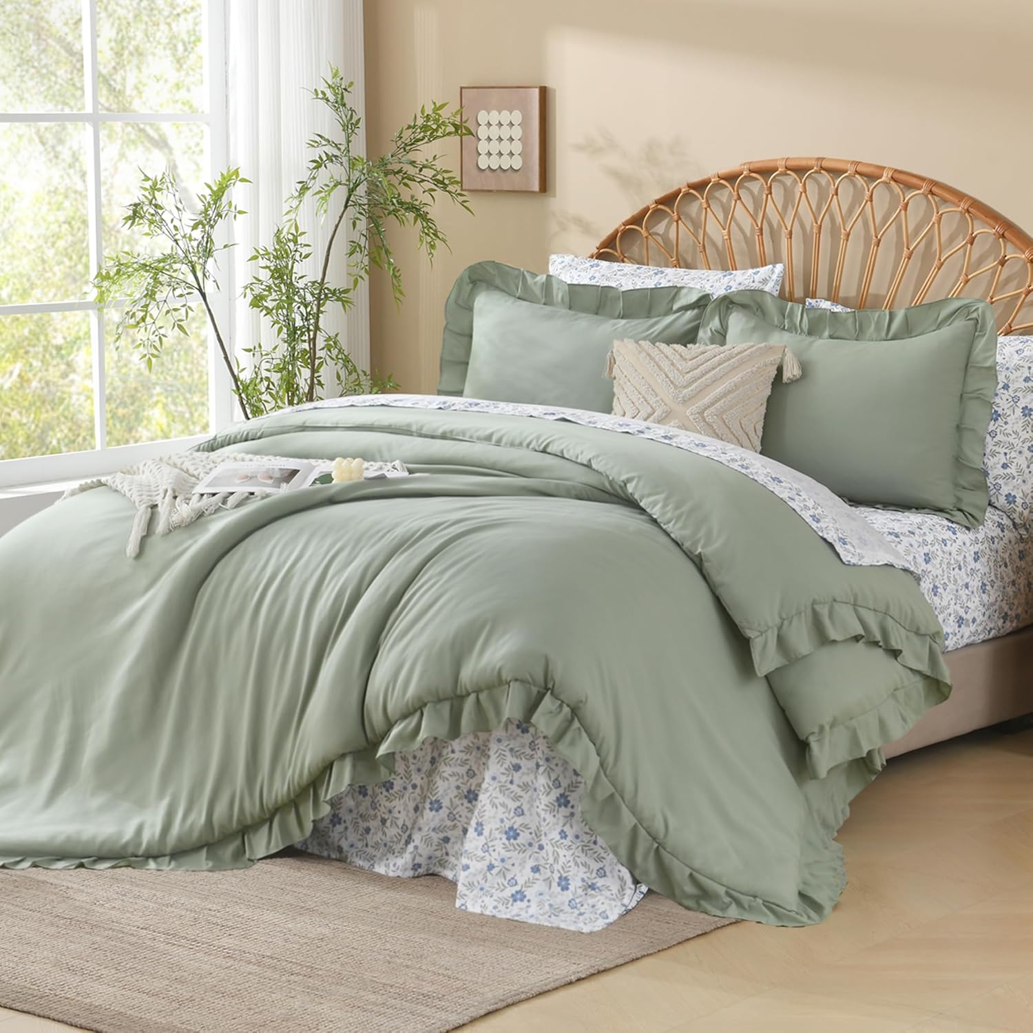 Litanika Queen Size Comforter Sets - 7 Pieces Ruffle Sage Green Bed in a Bag, Soft Farmhouse Bedding Sets with Ruffled Comforter, Floral Sheets, Pillowcases & Shams