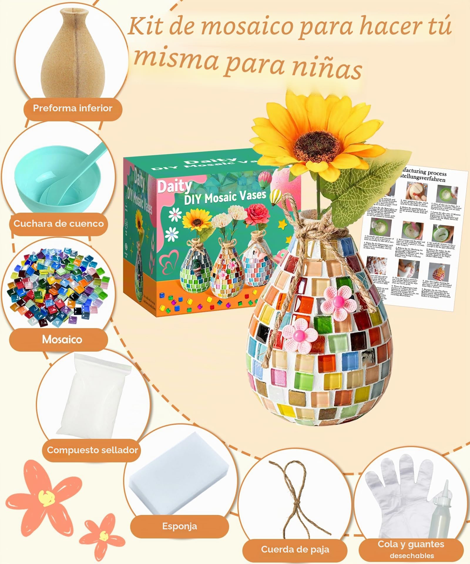 Daity Set de manualidades de mosaico para niños de 7 8 6 10 9 11 años, regalo para niñas de 6-12 años, set de manualidades, para adultos, regalos de cumpleaños para niñas de 6-12 años, pequeño jarrón