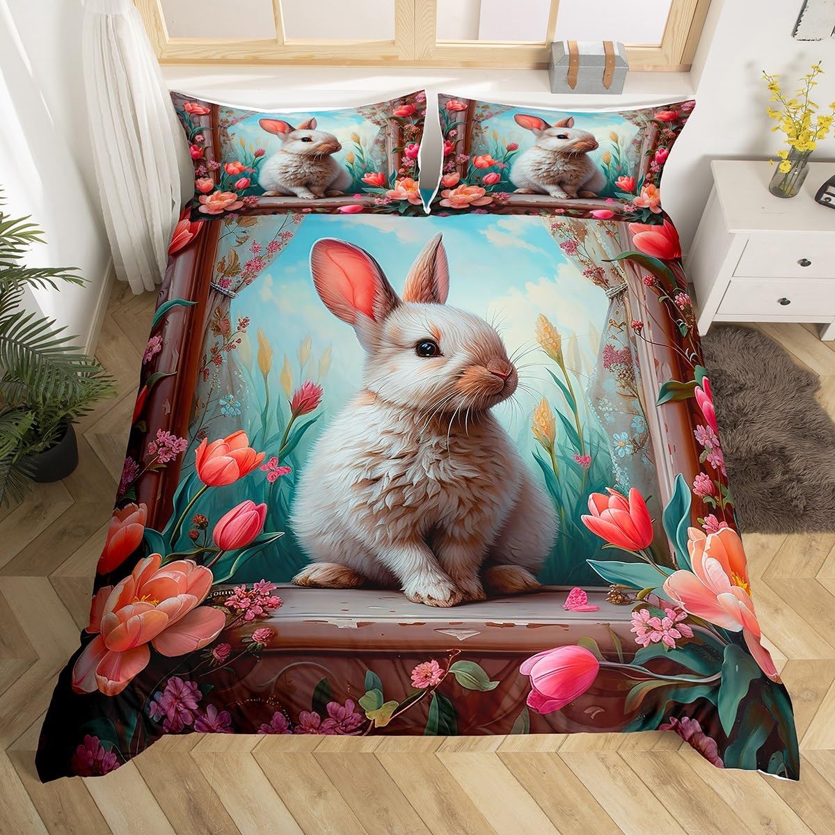 Manfei Happy Easter Duvet Cover Set Full Size, Cute Cartoon Rabbit Bedding Set 3pcs for Kids Boys Girls, Green Plaid Print Comforter Cover Soft Polyester Quilt Cover with 2 Pillowcases,No Comforter