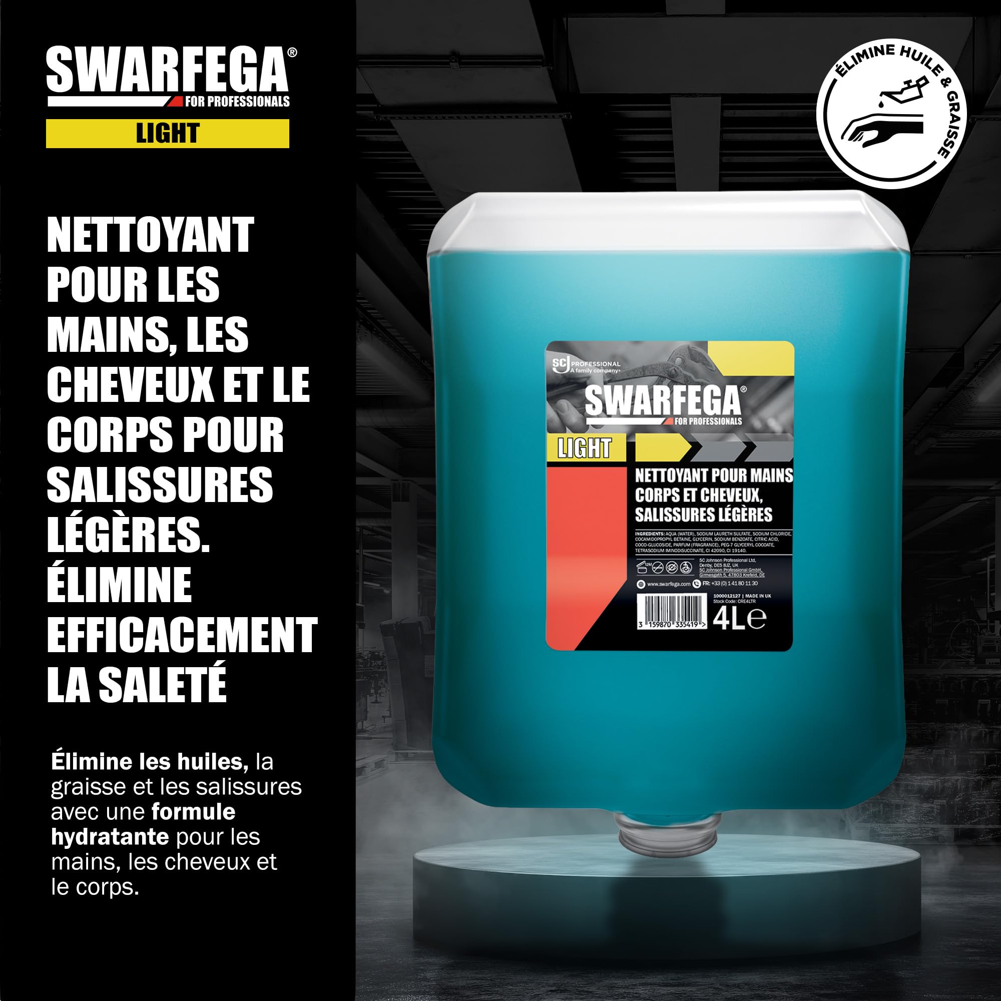 Swarfega Light – Nettoyant Mains, Corps et Cheveux – Recharge 4 L – Formule Hydratante – Usage Professionnel