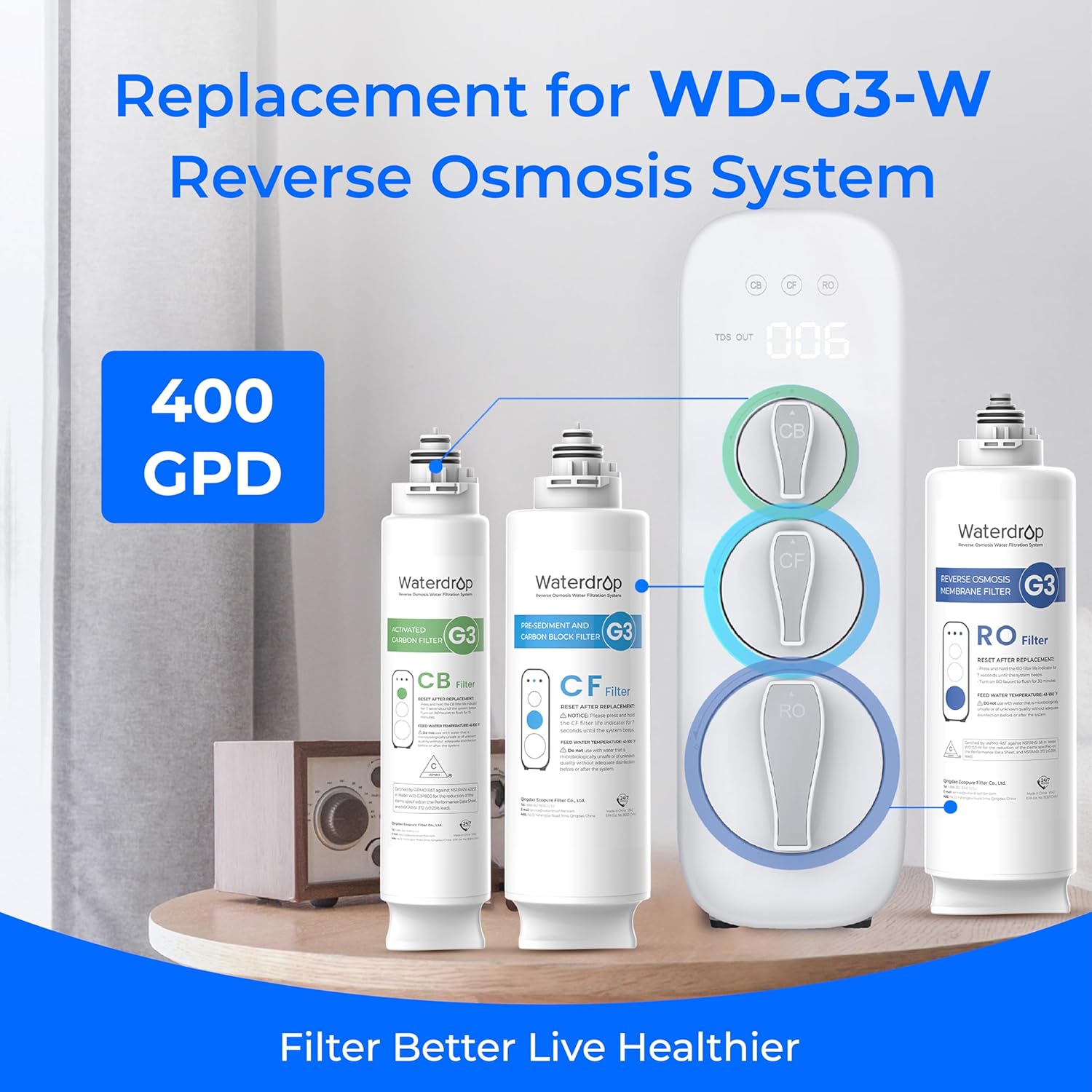 Waterdrop G3-CFCBRO Filter, Replacement for Waterdrop G3-W 400 GPD Reverse Osmosis System, Pack of 1 G3-N1CF, 1 G3-N3CB, and 1 G3-N2RO Set Filter